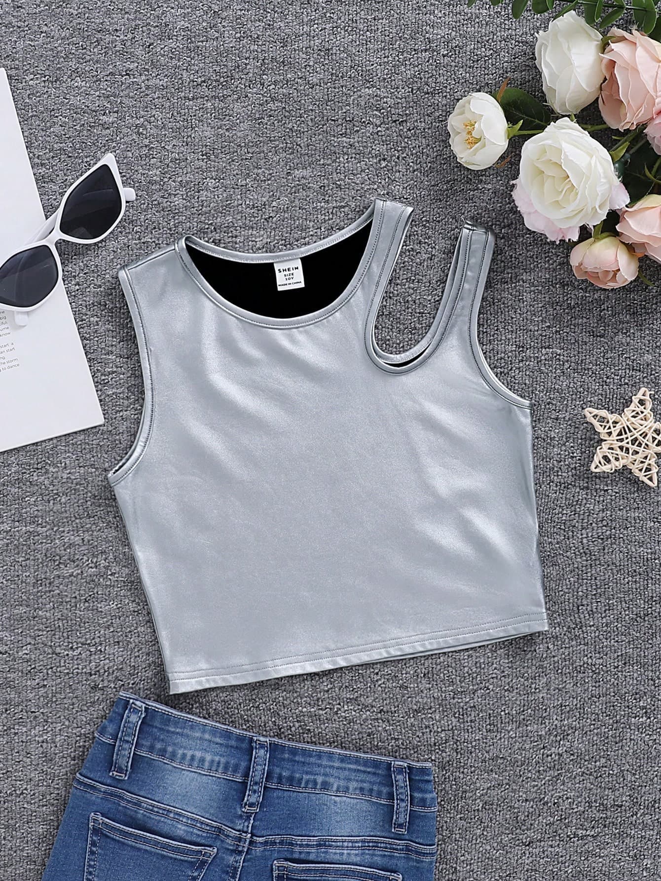 SHEIN Tween Girls' Sports Street Fashion Elastic Faux Leather Sleeveless Tank Top