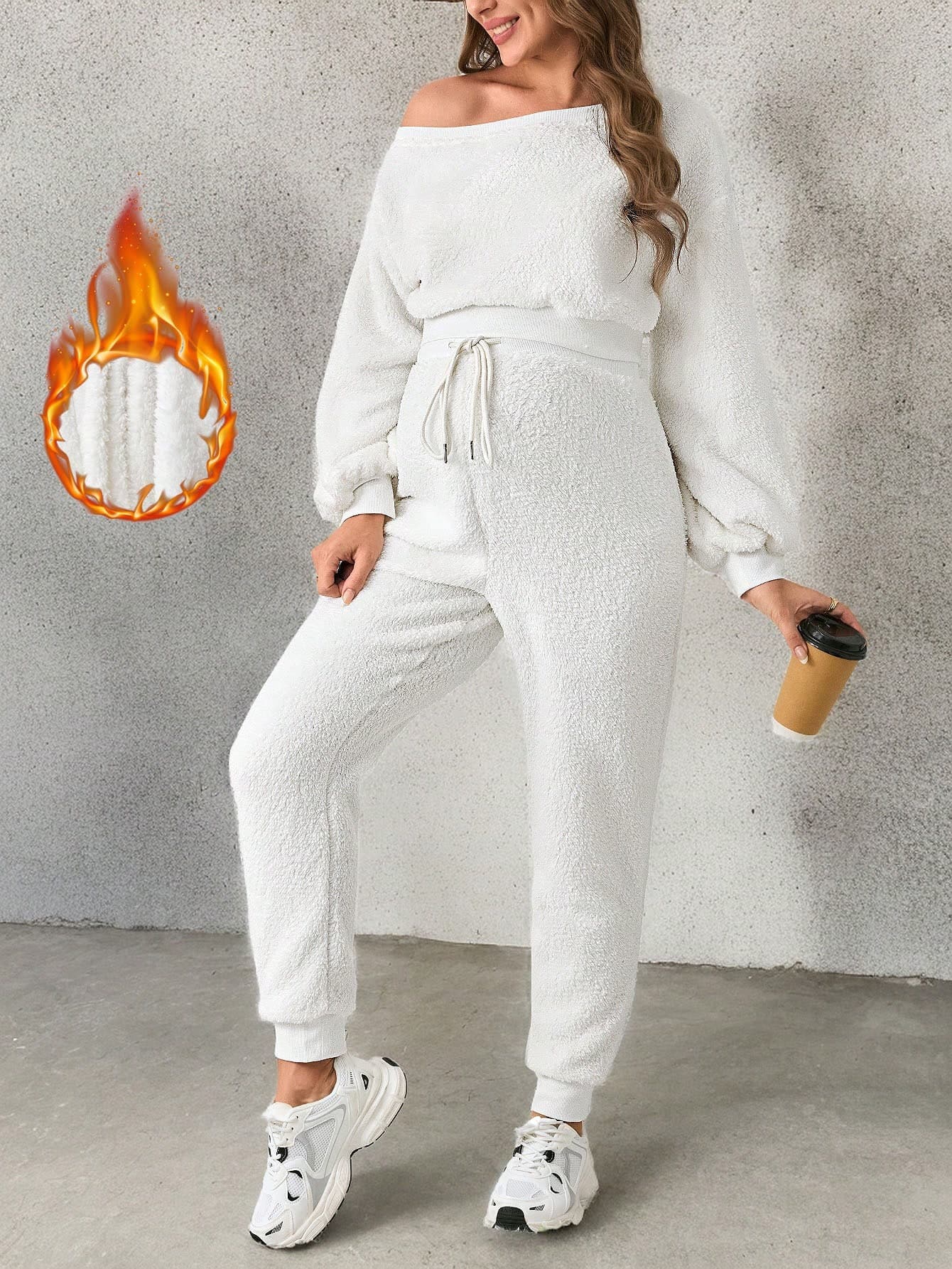 SHEIN Maternity White Furry Long Sleeve Top & Pants, Suit For Women Fall