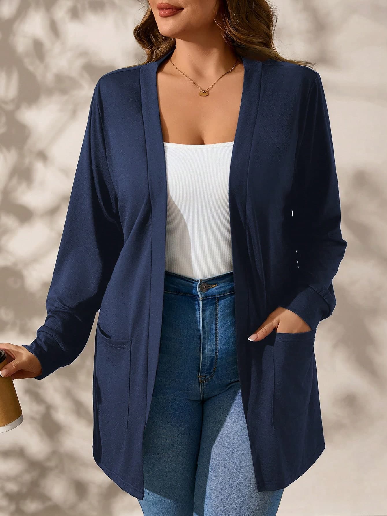 SHEIN Clasi Plus Size Black Long Sleeve Loose Knit Jacket With Pockets Winter Fall Autumn