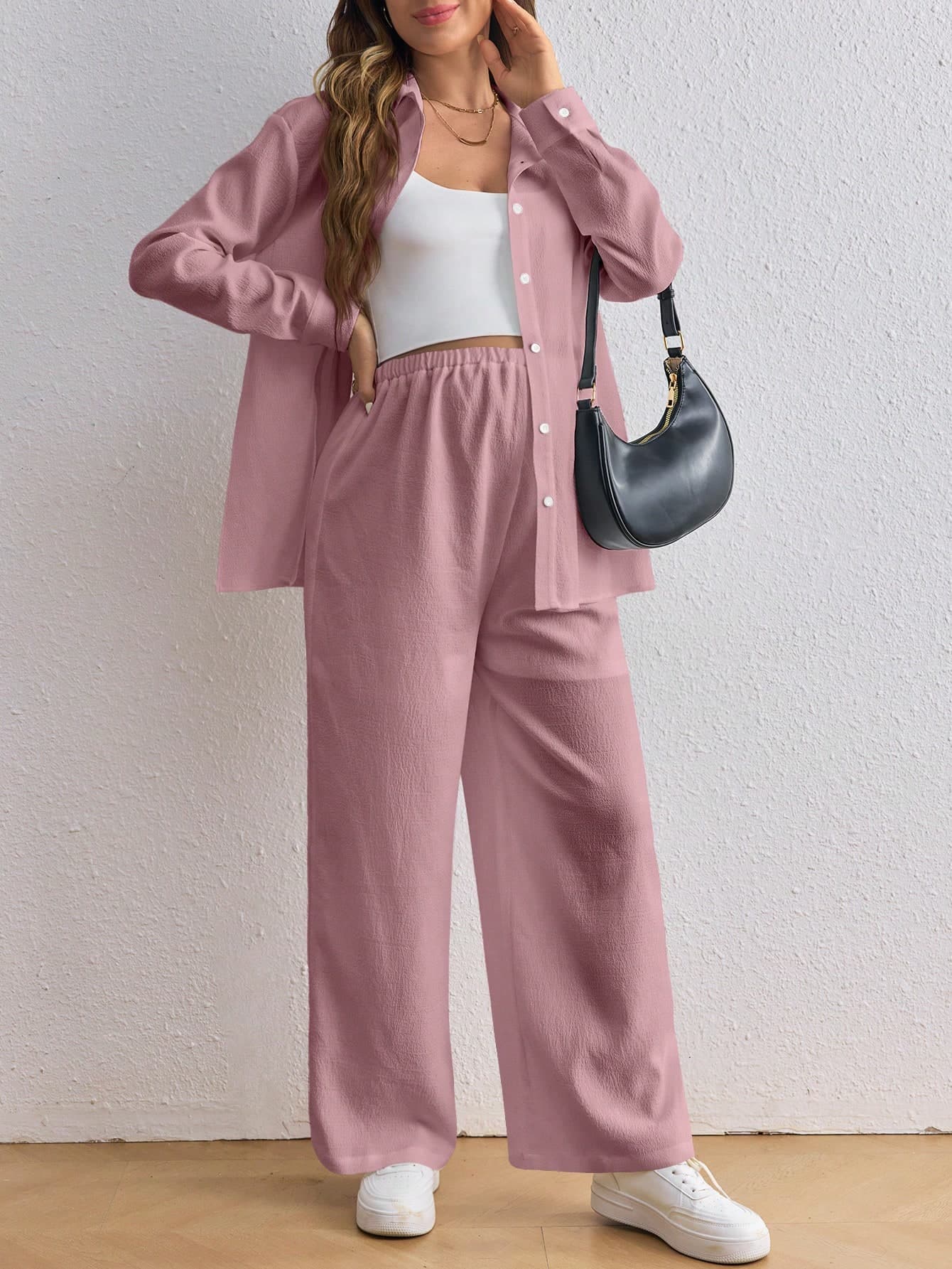 SHEIN 2pcs Maternity Simple Button-Up Long Sleeve Shirt And, Pants Casual Set Fall