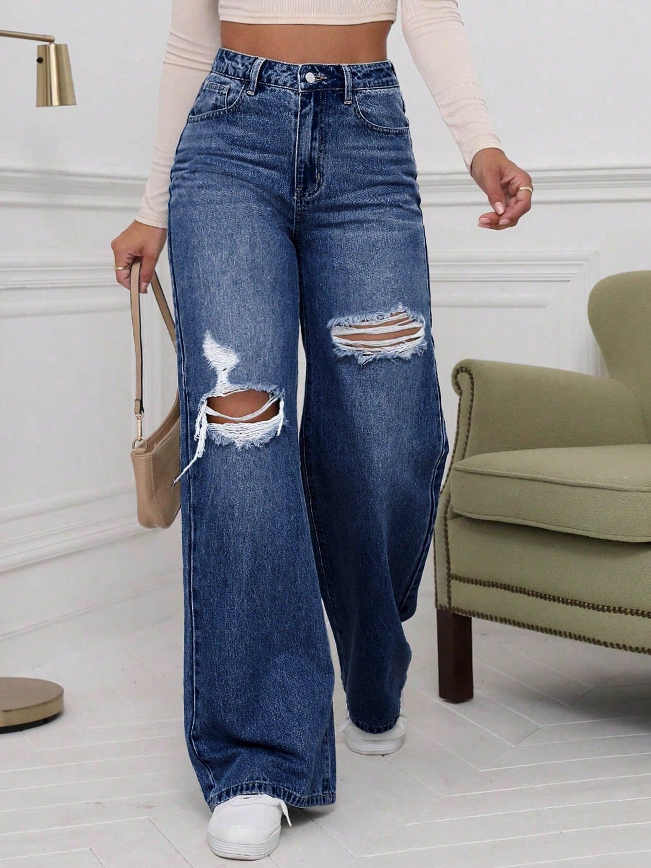SHEIN EZwear Washed Denim High Waist Ripped Wide Leg Jeans