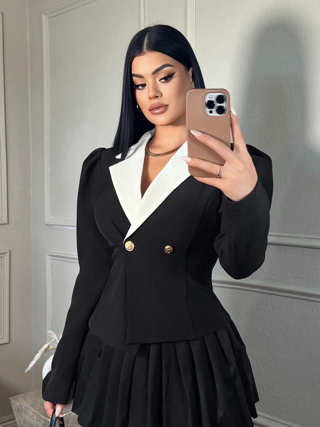 SHEIN SXY Women's Black & White Color Block Bishop Sleeve Blazer Jacket