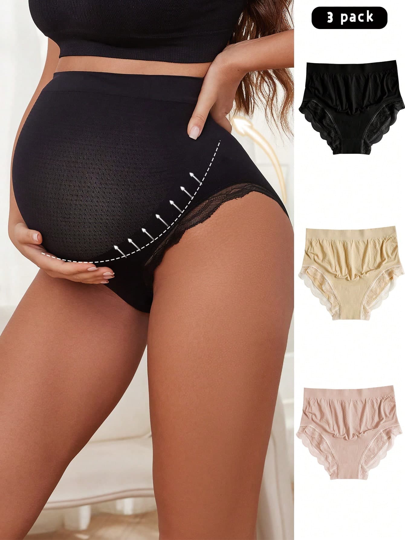Moonlight&Mama 3pcs/Set Pregnant Women Solid Color Lace Trim Casual Underwear