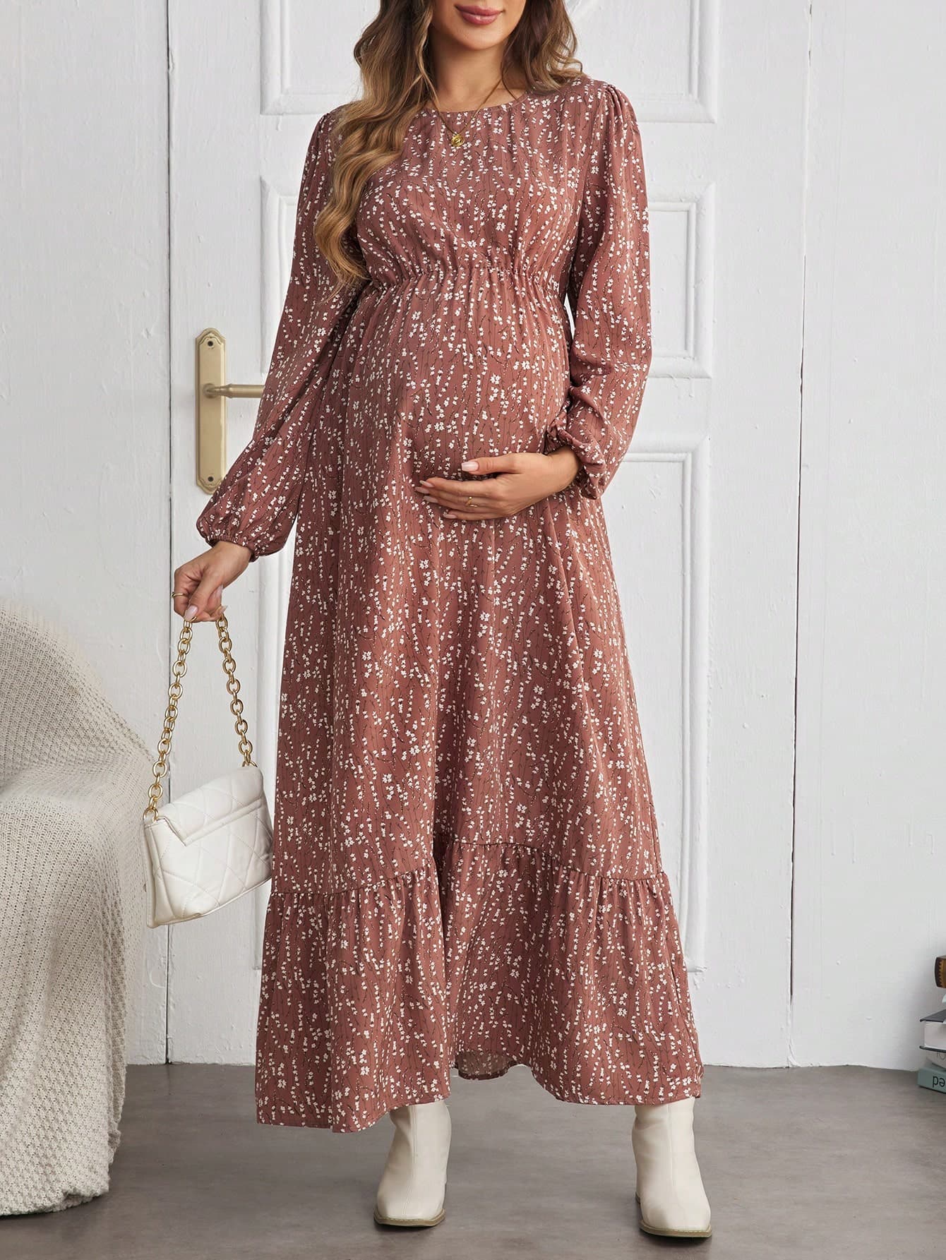 SHEIN Maternity Round Neck Floral Print Ruffle Hem Long Sleeve Dress Fall