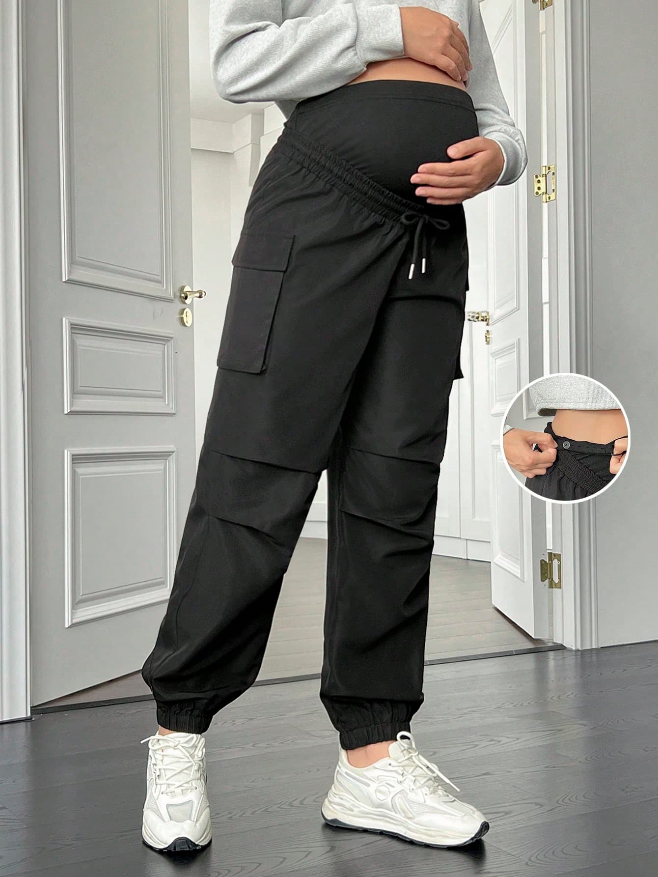 SHEIN Maternity Casual Solid Color High Waist Cargo Pants Fall