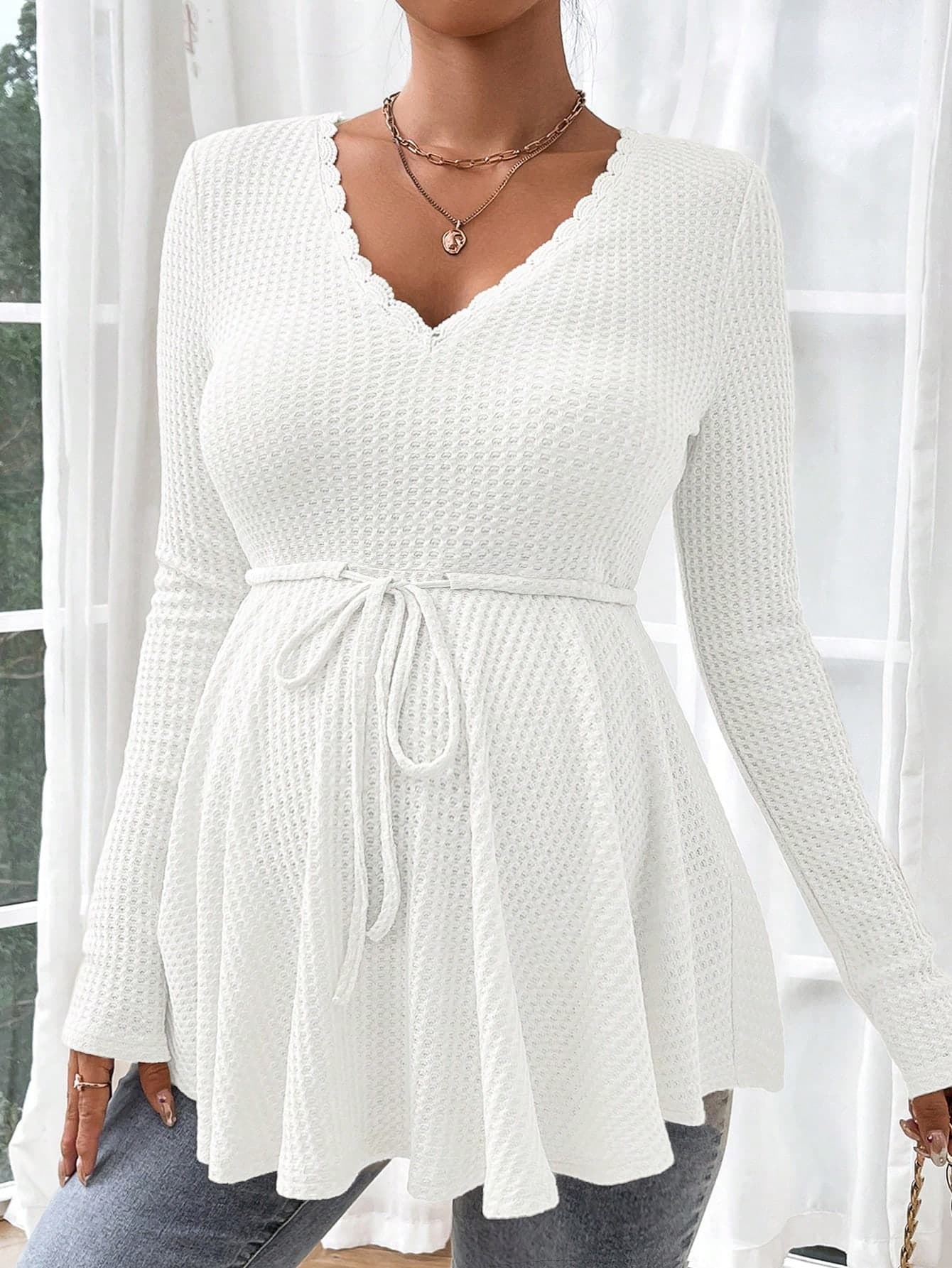 SHEIN Pregnant Women's Solid Color V-Neck Twist Front Long Sleeve T-Shirt, For Maternity Fall