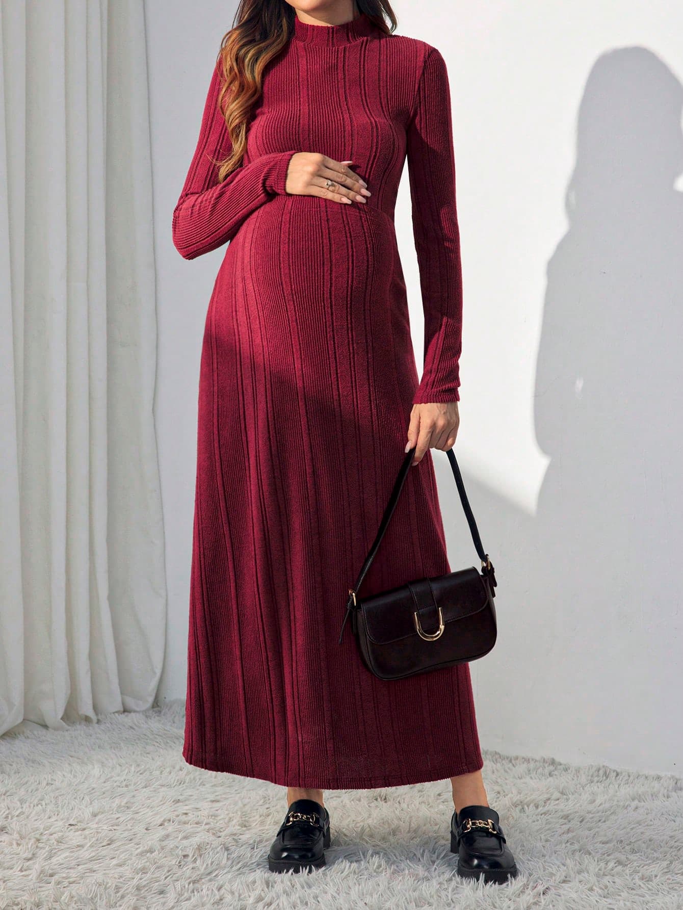 SHEIN Maternity 2Pcs Set:Stand Collar Long Sleeve Bodycon Top And Adjustable Waist A-Line Skirt, Solid Color Knit, Pregnancy