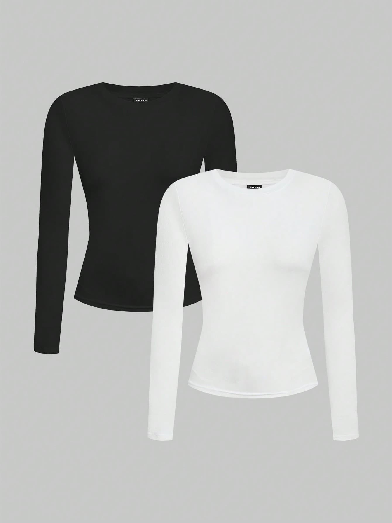 SHEIN EZwear Women 2pcs Black & White Casual Long Sleeve Fitted Long T-Shirt Set, Suitable For Autumn & Winter Autumn And Winter