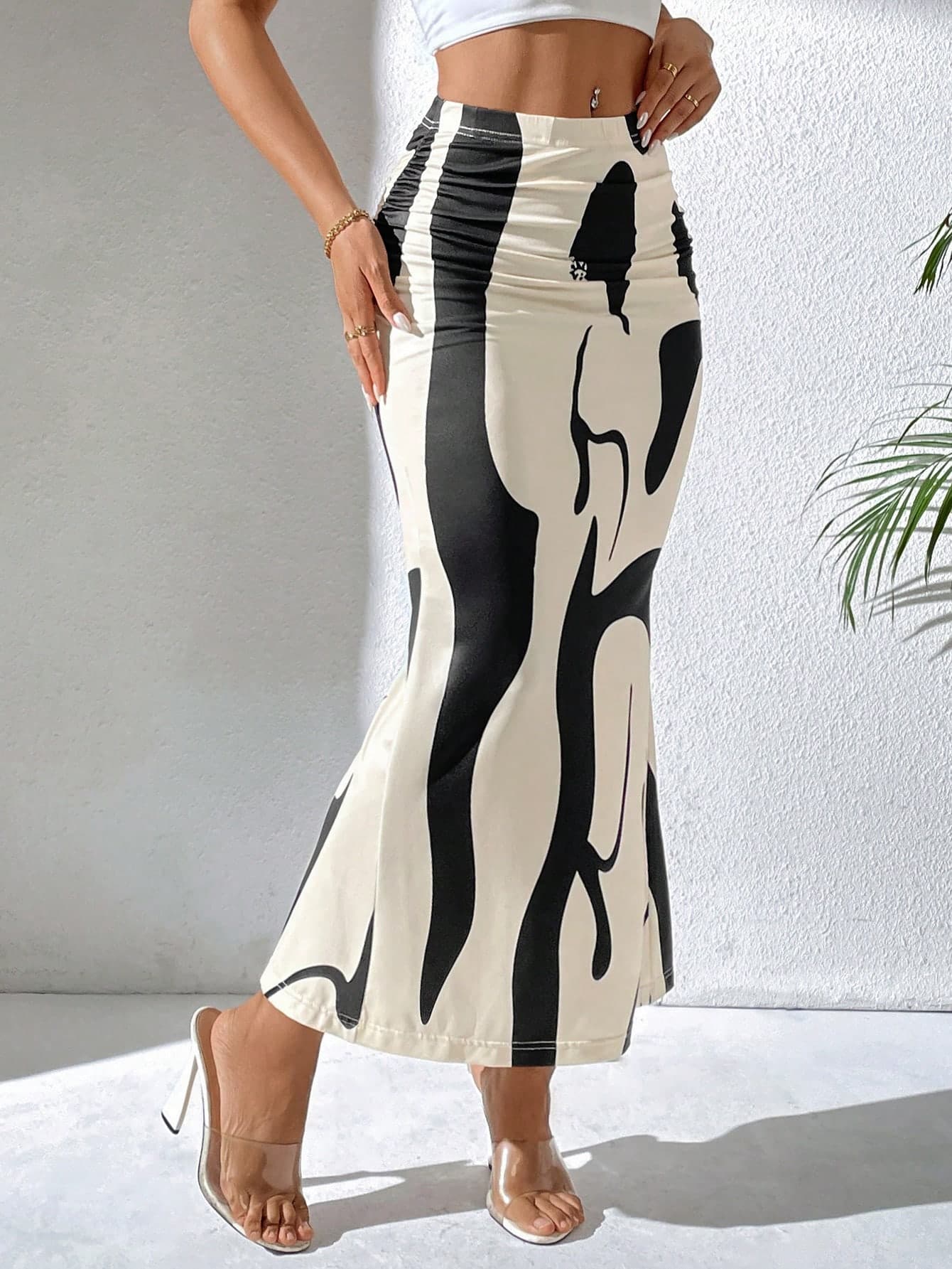 SHEIN PETITE Women's Geometric Printed Ruched Mermaid Hem Elegant Skirt ,Petite Women