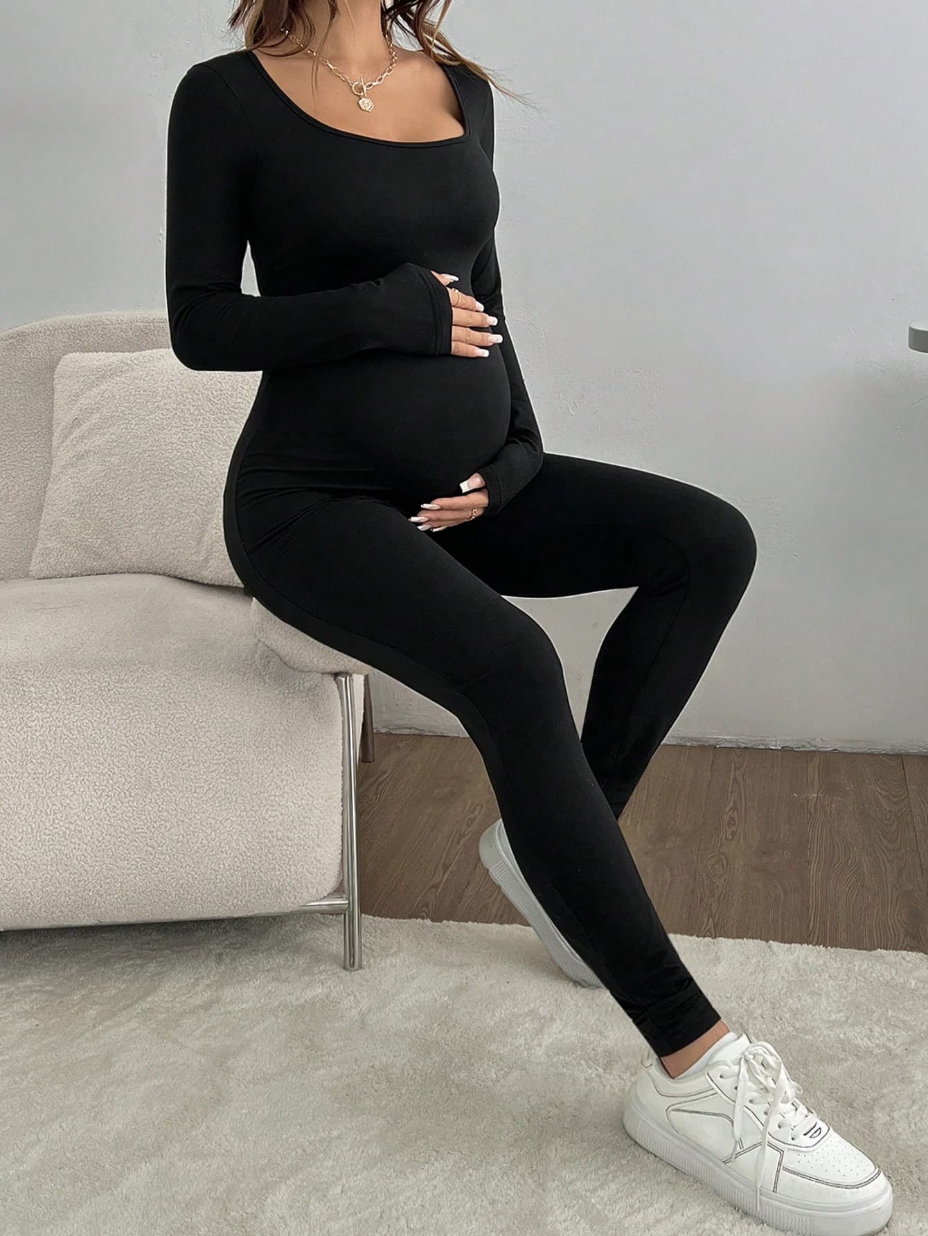 SHEIN Pregnant Women Solid Color Long Sleeve Slim Jumpsuit, Casual Everyday Wear, For Maternity Fall