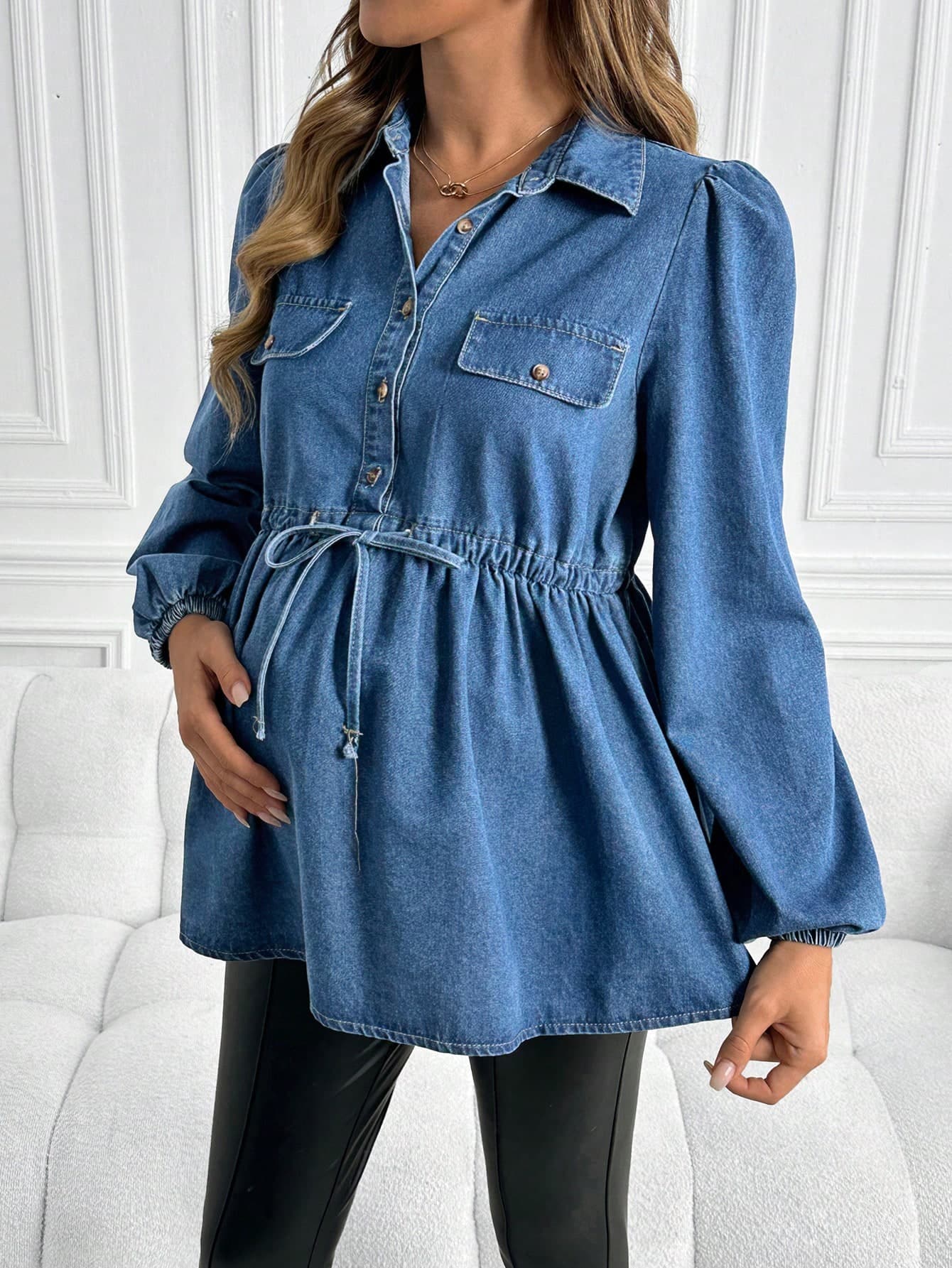 SHEIN Maternity Casual Loose Long Sleeve Blue Denim Top Fall