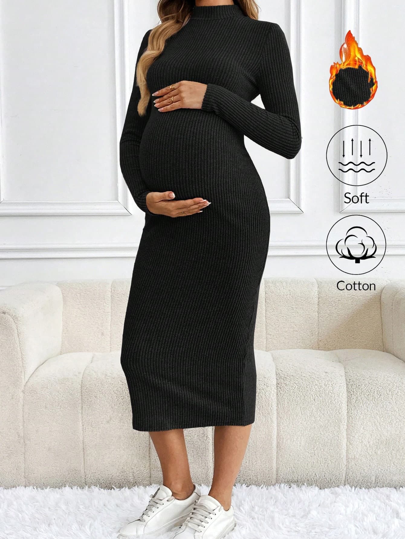 SHEIN Women's Solid Stand Collar Long Sleeve Simple Long Casual Dress, For Maternity Fall