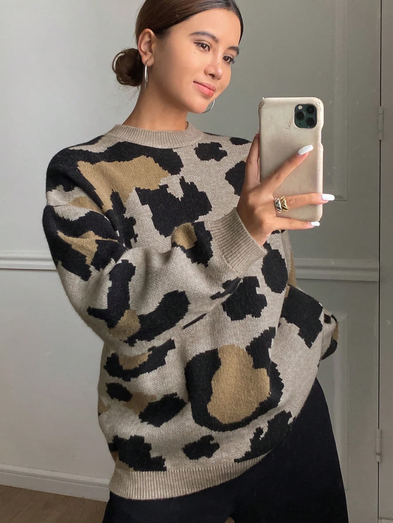 DAZY Leopard Print Oversized Loose Crew Neck Long Sleeve Sweater For Women,Fall Women Clothes