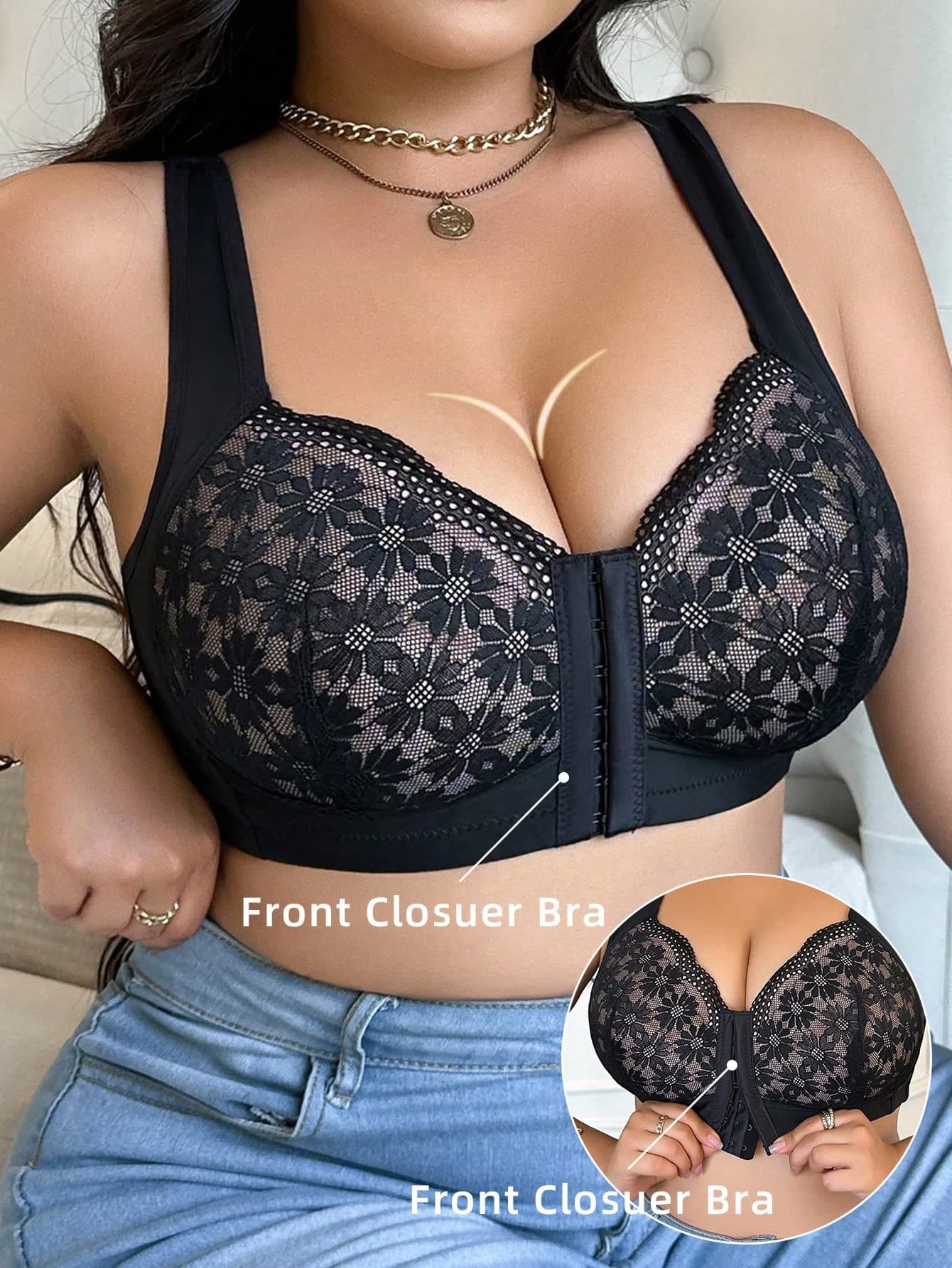 1pc Plus Size Front Button Closure Contrast Lace Wirefree Brassiere Lingerie