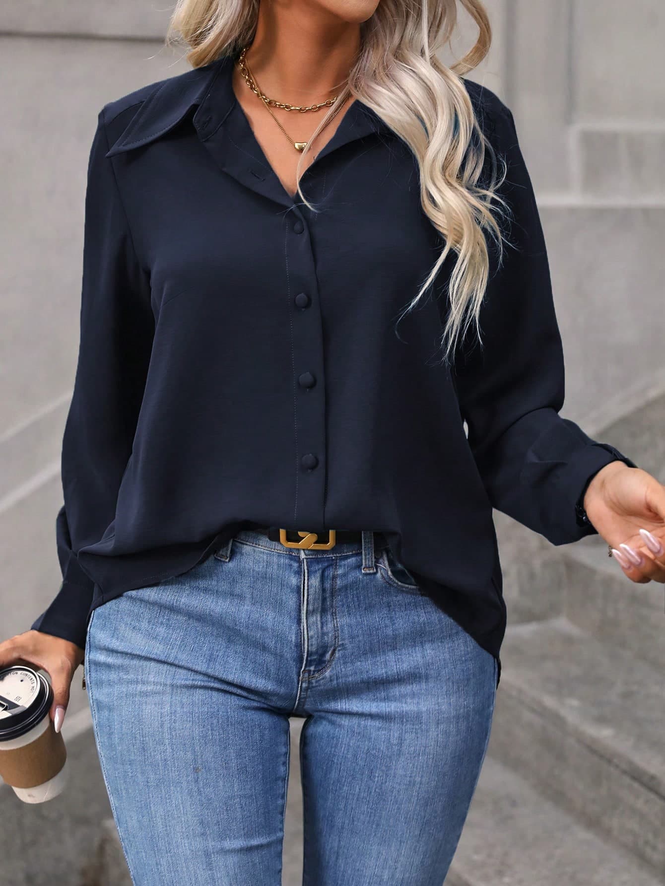 Vionelle Plus Size Casual Button Down Shirt, Long Sleeve Simple Blouse Fall Cloth For Women