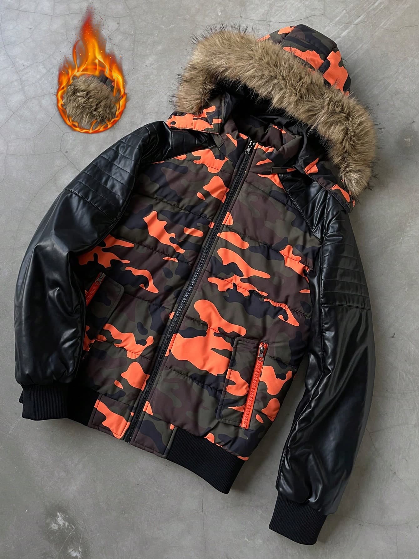 Manfinity EMRG Men's Camo Print Sherpa Lined Hooded Padded Coat, Winter