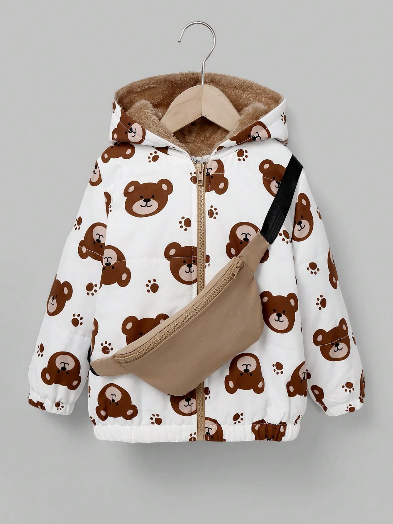 2pcs/Set Young Boy Casual Bear Pattern Thick Hooded Zip-Up Coat + Solid Color Messenger Bag Winter