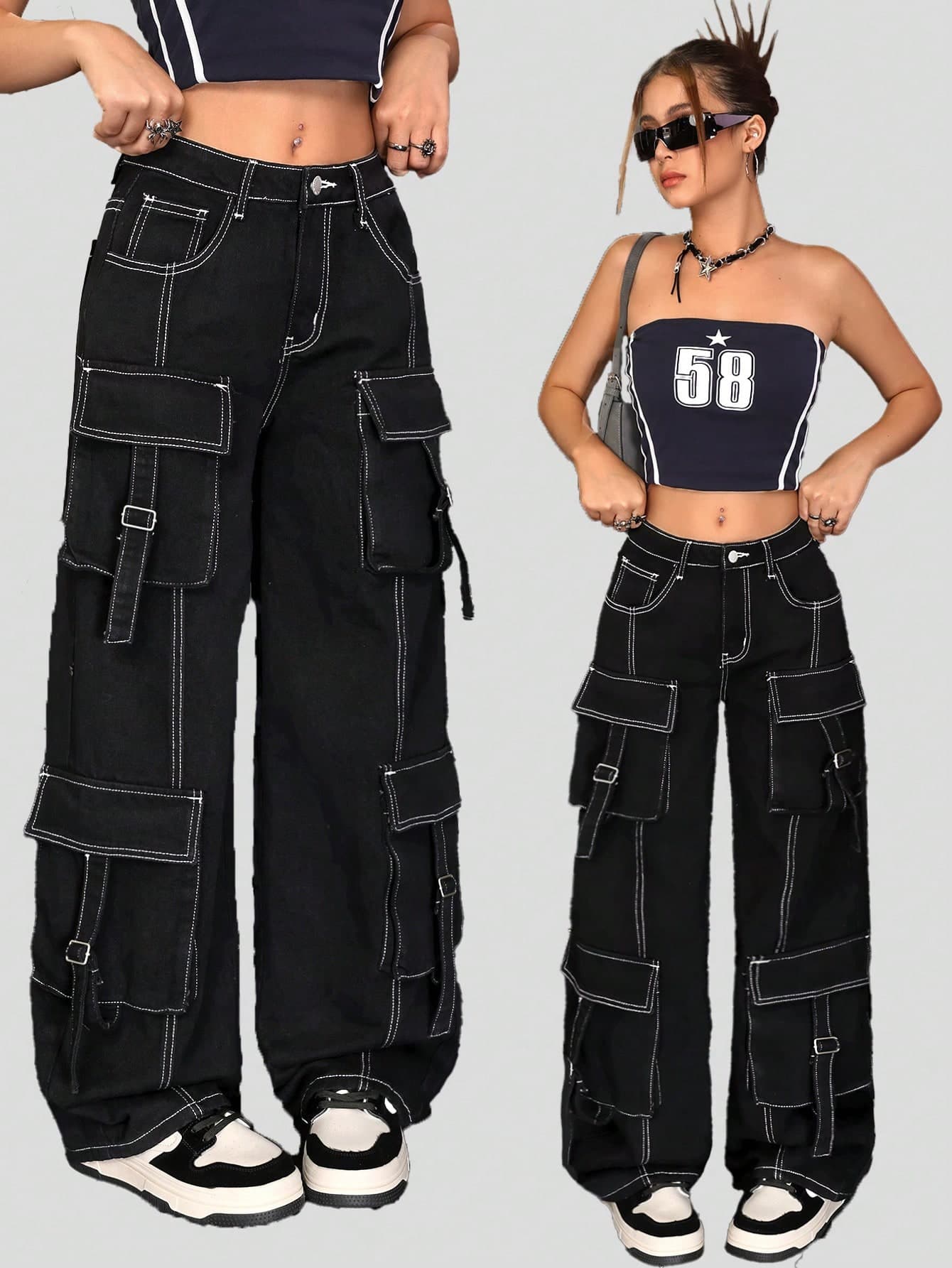 SHEIN Teen Girl Contrast Stitching Black Loose Fit Low Waist Straight Leg Jeans