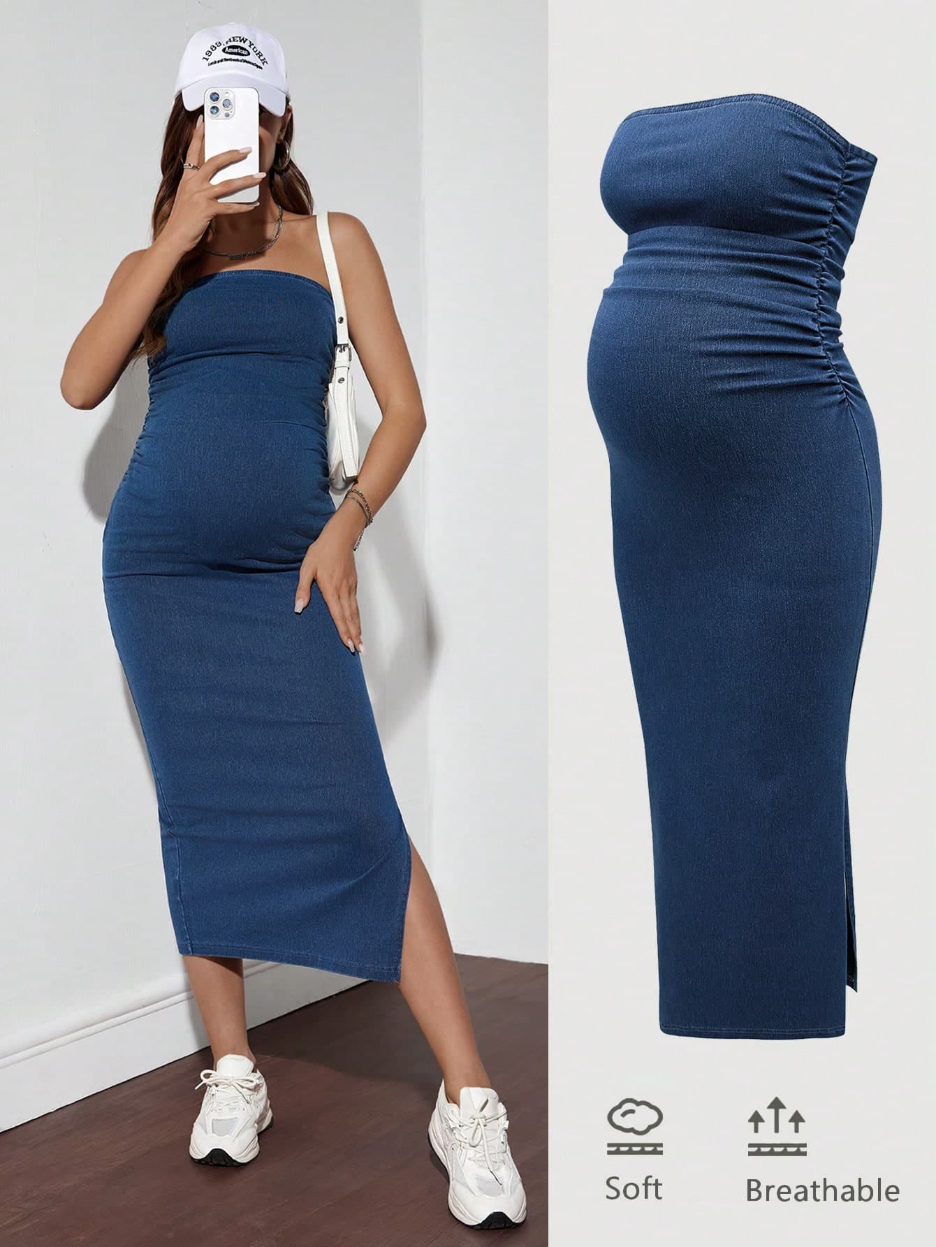 SHEIN Maternity Denim Bodycon Dress, Strapless, Blue Fall