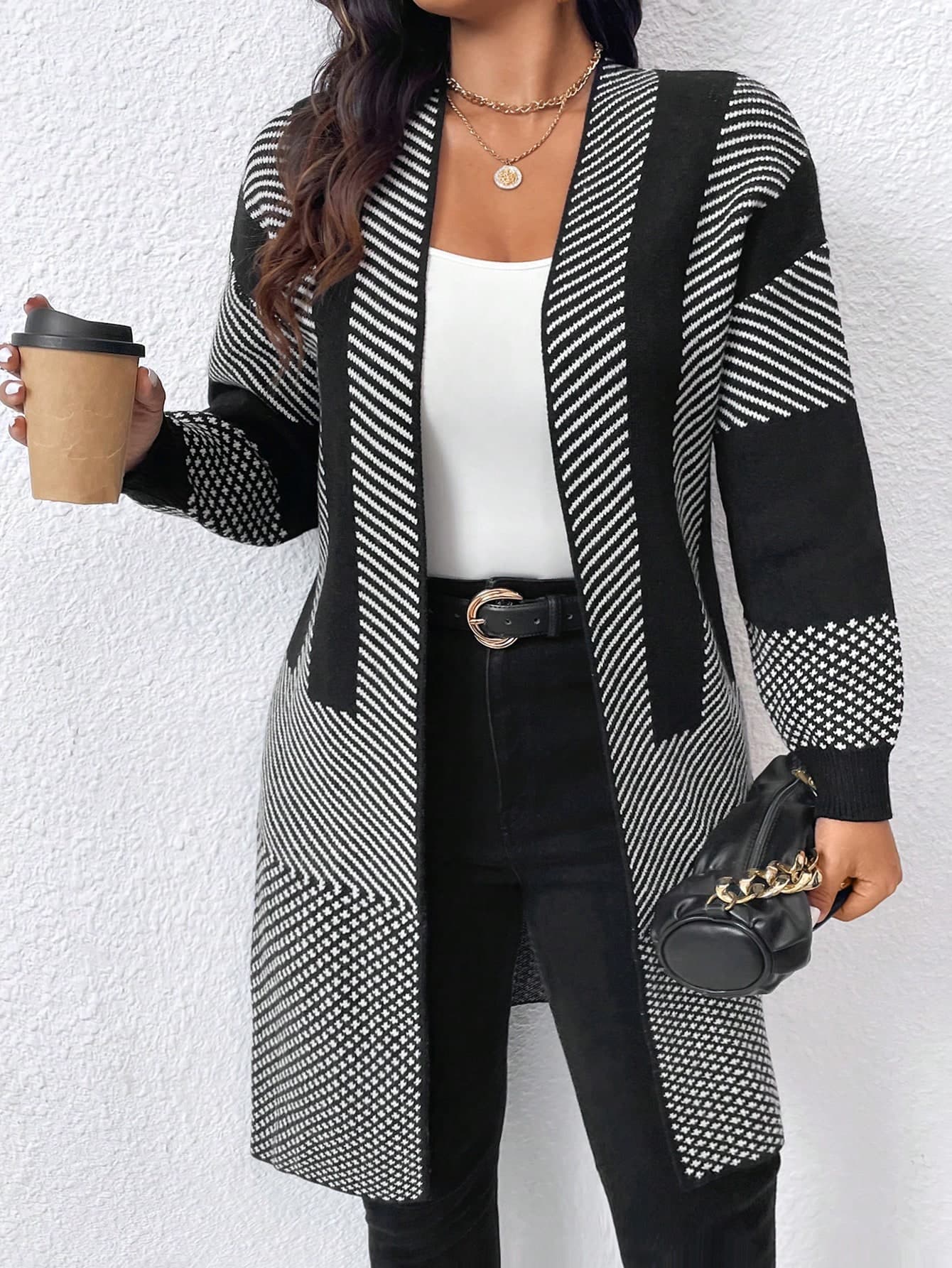 SHEIN Plus Size Color Block Striped Print Casual Long Sleeve Knitted Cardigan, Winter Fall Cloth For Women Autumn