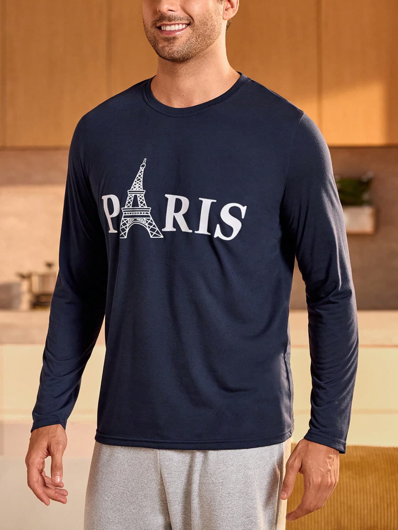 SHEIN Provexi Men's Letter Printed Round Neck Long Sleeve Casual Loungewear Top