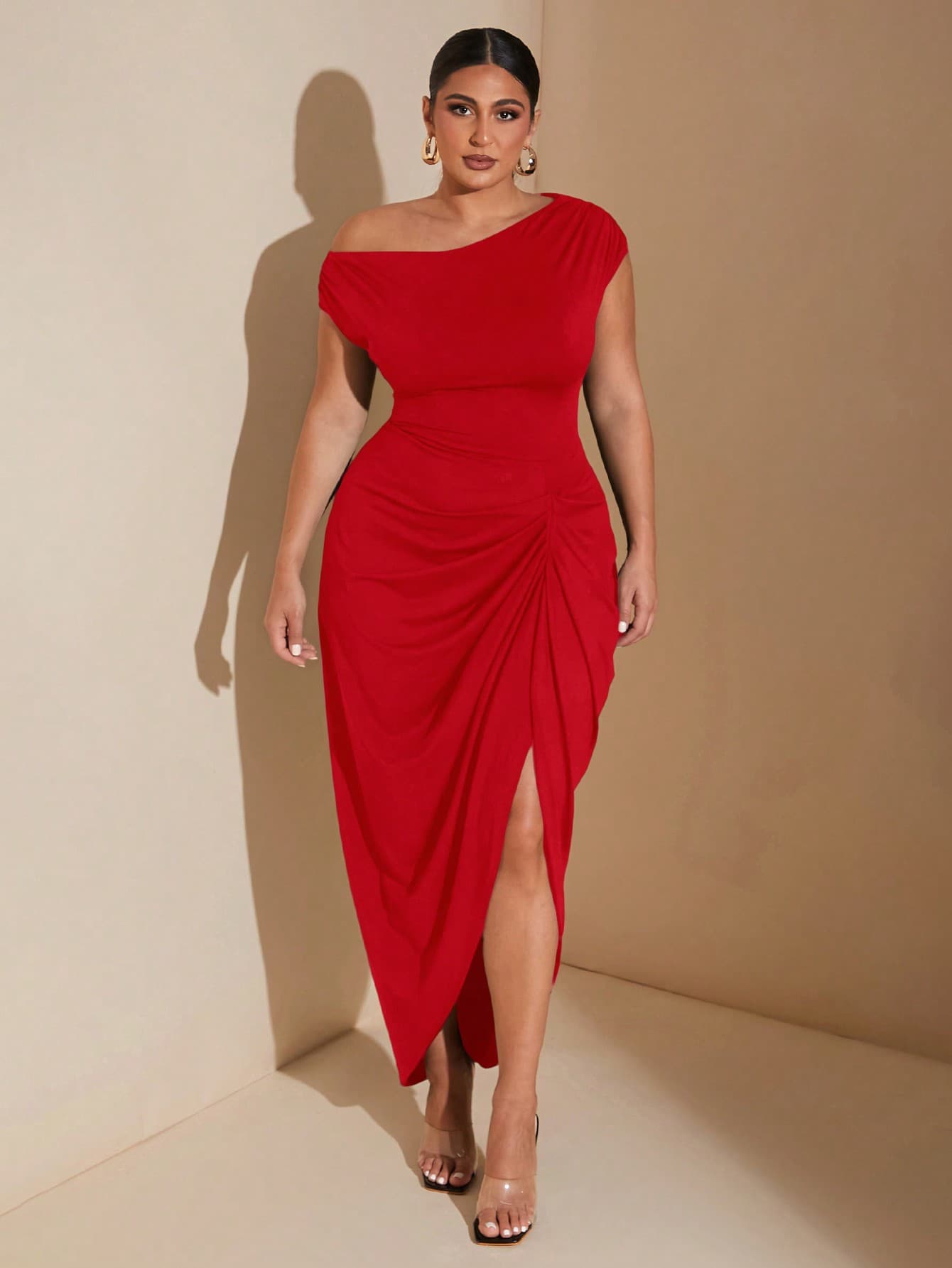 SHEIN BAE Plus Size Women's Red Autumn Elegant Satin Party Dress,Stretch Knit Gathered Off-Shoulder Draped Asymmetric Hem Slit Midi Birthday Dresses