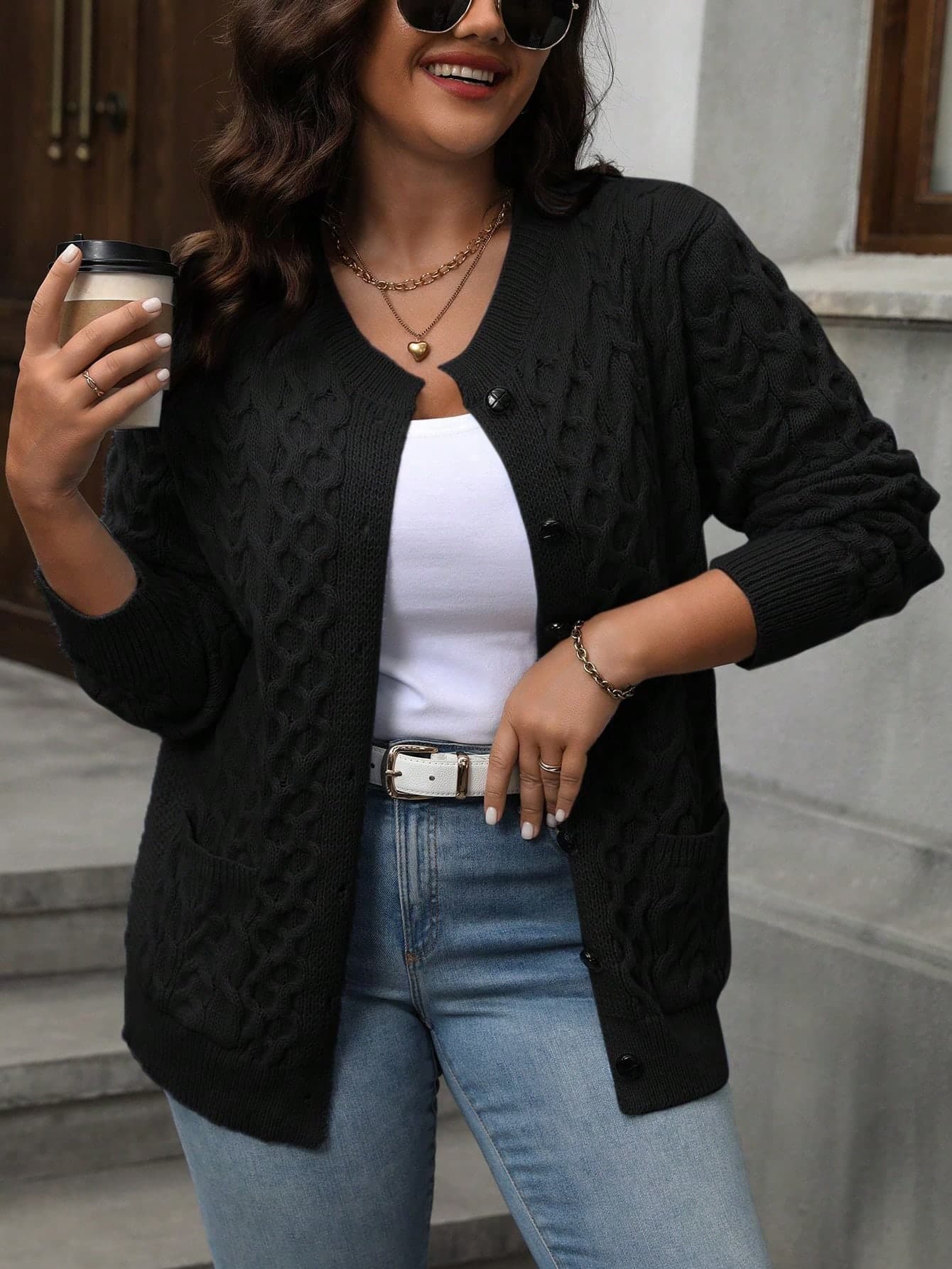 Plus Size Casual Solid Color Cardigan, Autumn/Winter Fall Cloth For Women