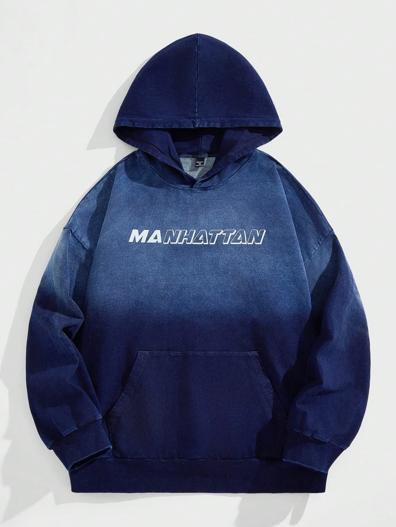 Manfinity EMRG Men's Navy Blue Knitted Denim Loose Fit Dropped Shoulder Letter Print Casual Blue Hoodie Sweatshirt