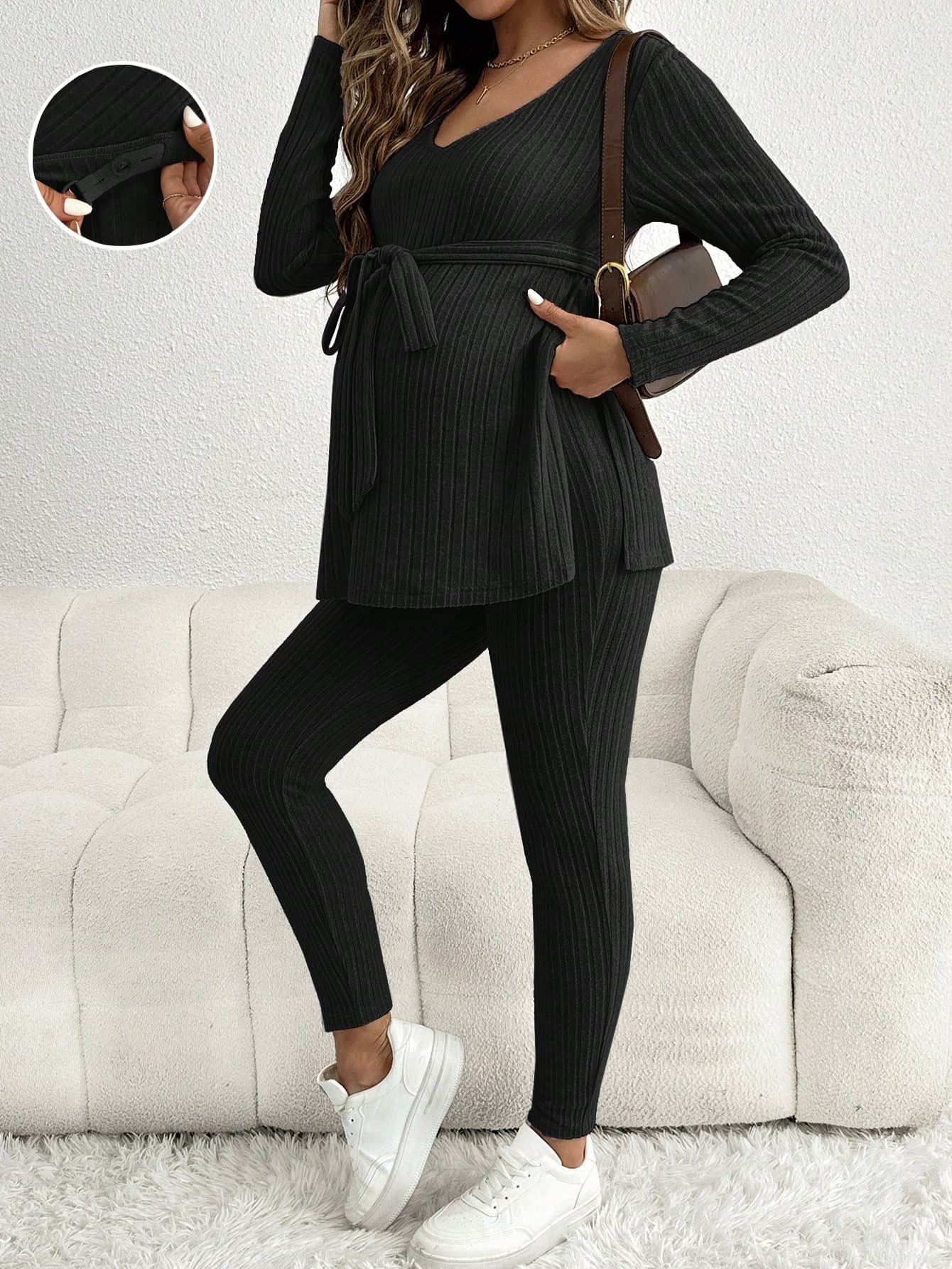 SHEIN 2pcs Maternity Casual Solid Rib-Knit V-Neck Belt Long Sleeve Tee & Adjustable Waist Skinny Pants Set, Pants Set, Spring/Autumn