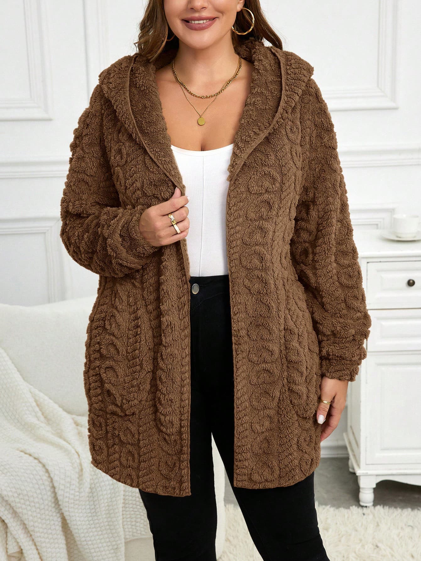 SHEIN LUNE Plus Size Hooded Heart Pattern Reversible Jacket, For Winter Fall Autumn