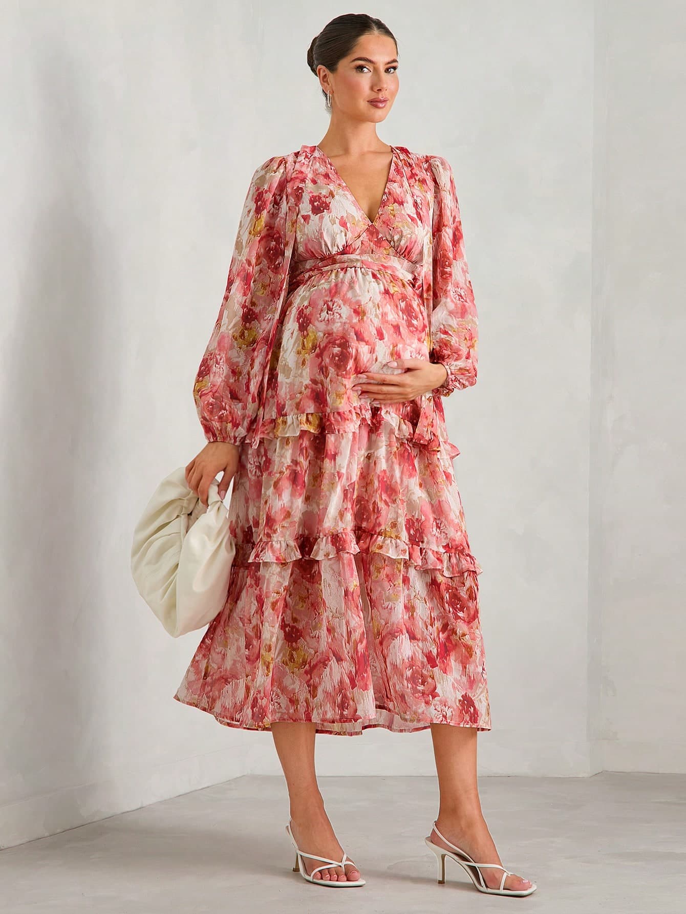 MaterniChic Maternity Women Deep V-Neck Lantern Sleeve Dress With Ruffle Hem, Cinching Waist, Perfect For Vacation, For Party Fall