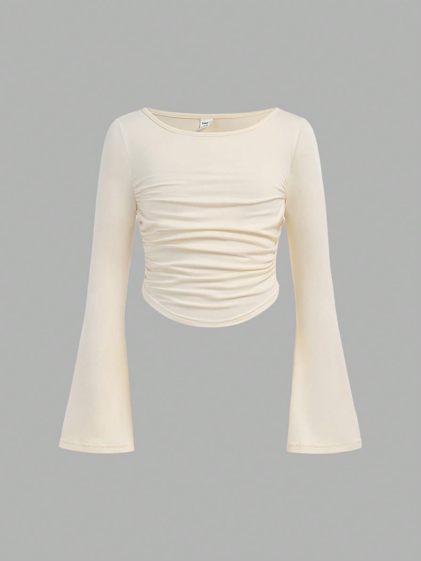 SHEIN Girlism Tween Girls' Ruched Flare Sleeve Crew Neck Fitted Casual Long Sleeve T-Shirt