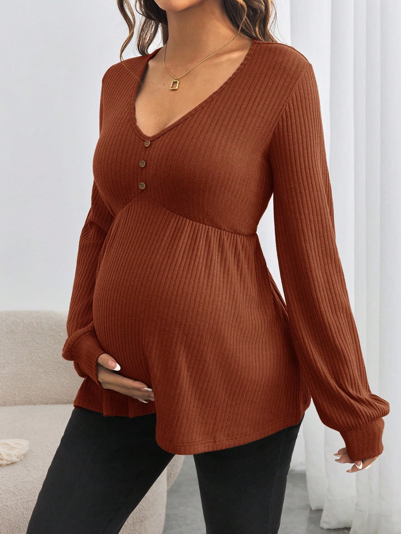 SHEIN Maternity Button Front Long Sleeve V-Neck Loose Pregnancy T-Shirt Fall