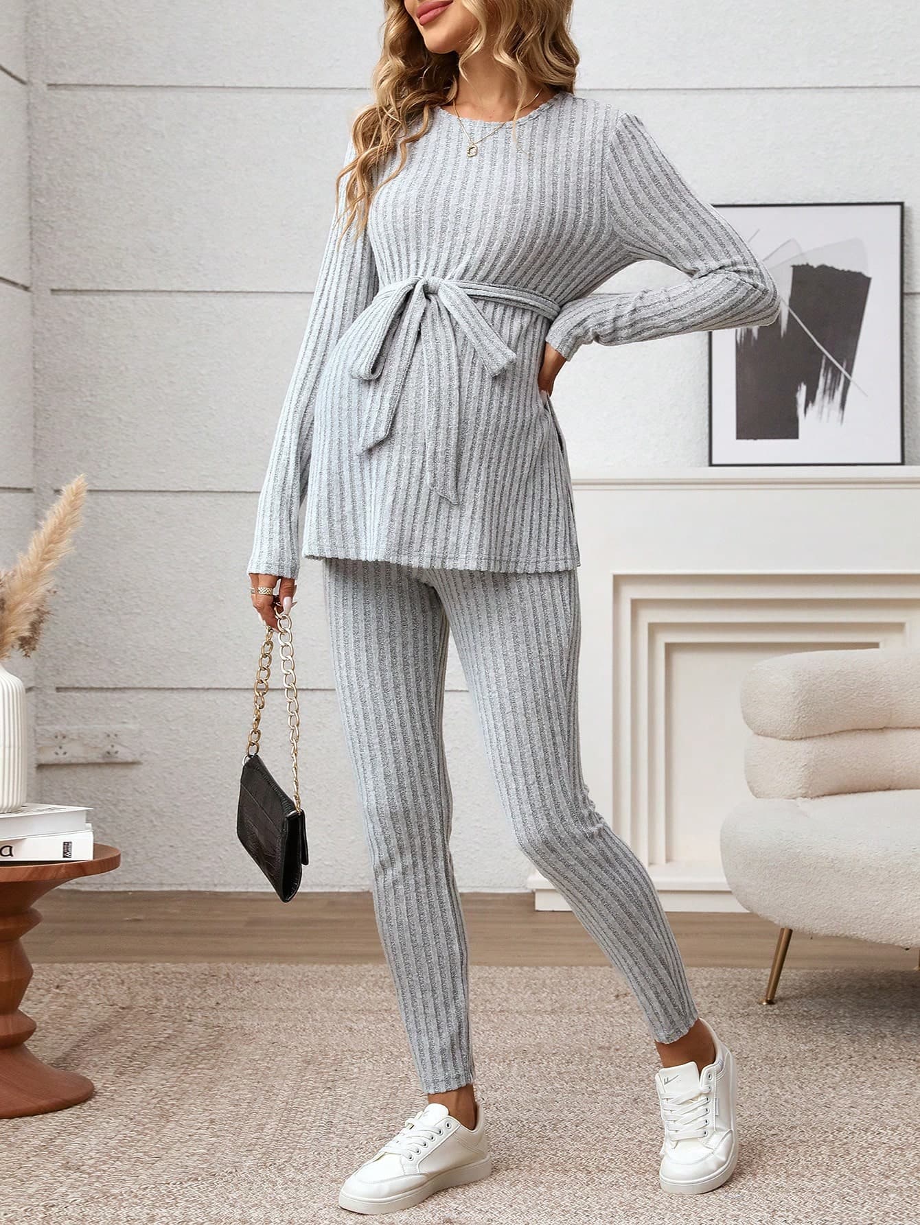 SHEIN Maternity Women's Solid Color Ribbed Knit Long Sleeve, Ribbed Knit Set Fall