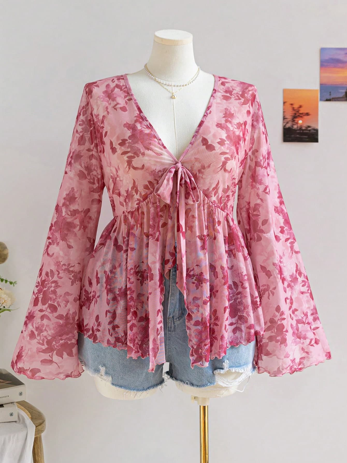 Soleia Plus Size Women Floral Print Knitted Mesh Cardigan,Cinched Waist Bell Sleeve Pink Summer Boho Holiday Vacation Holiday Thanksgiving Christmas New Year