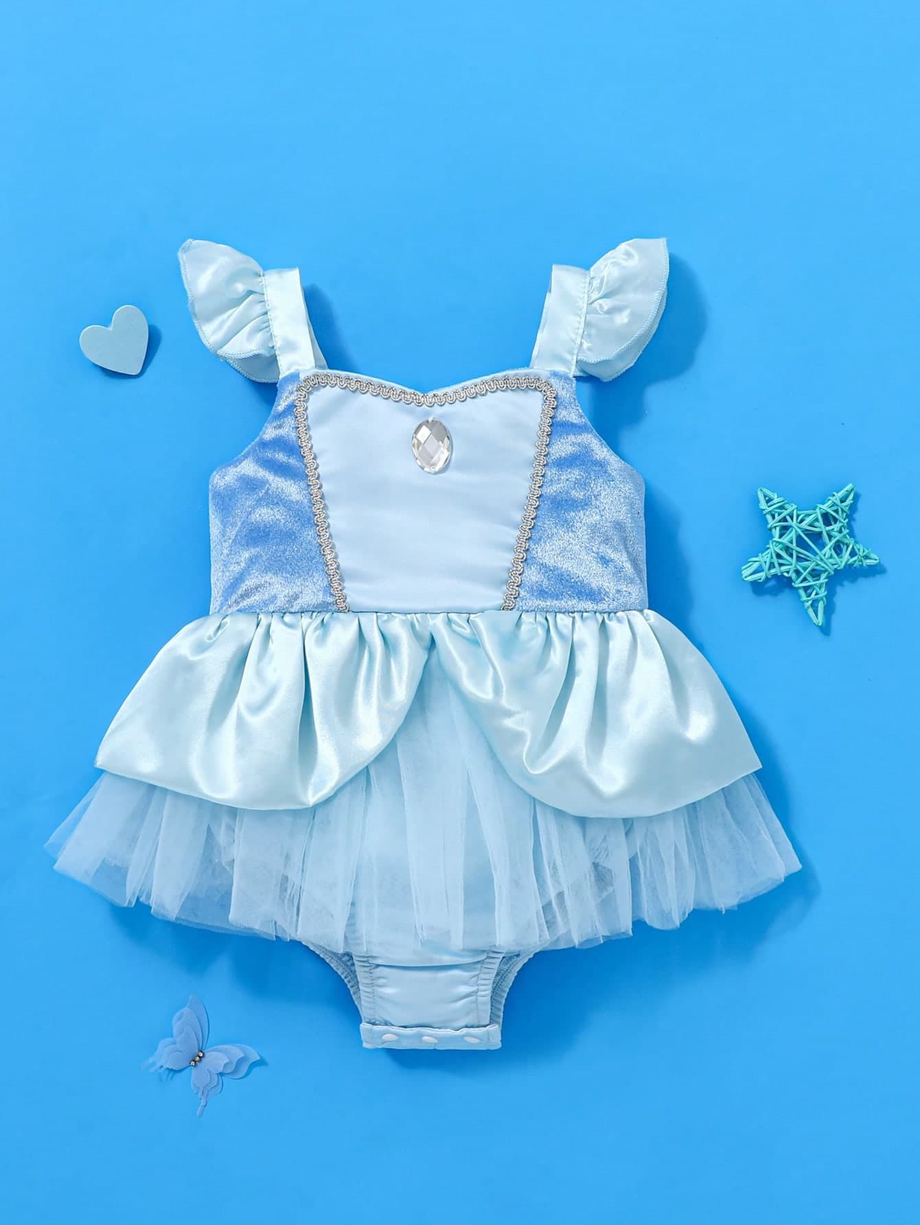 SHEIN Baby Girl Princess Blue Beauty & Court Style Jewel Decor Mesh Bodysuit Dress