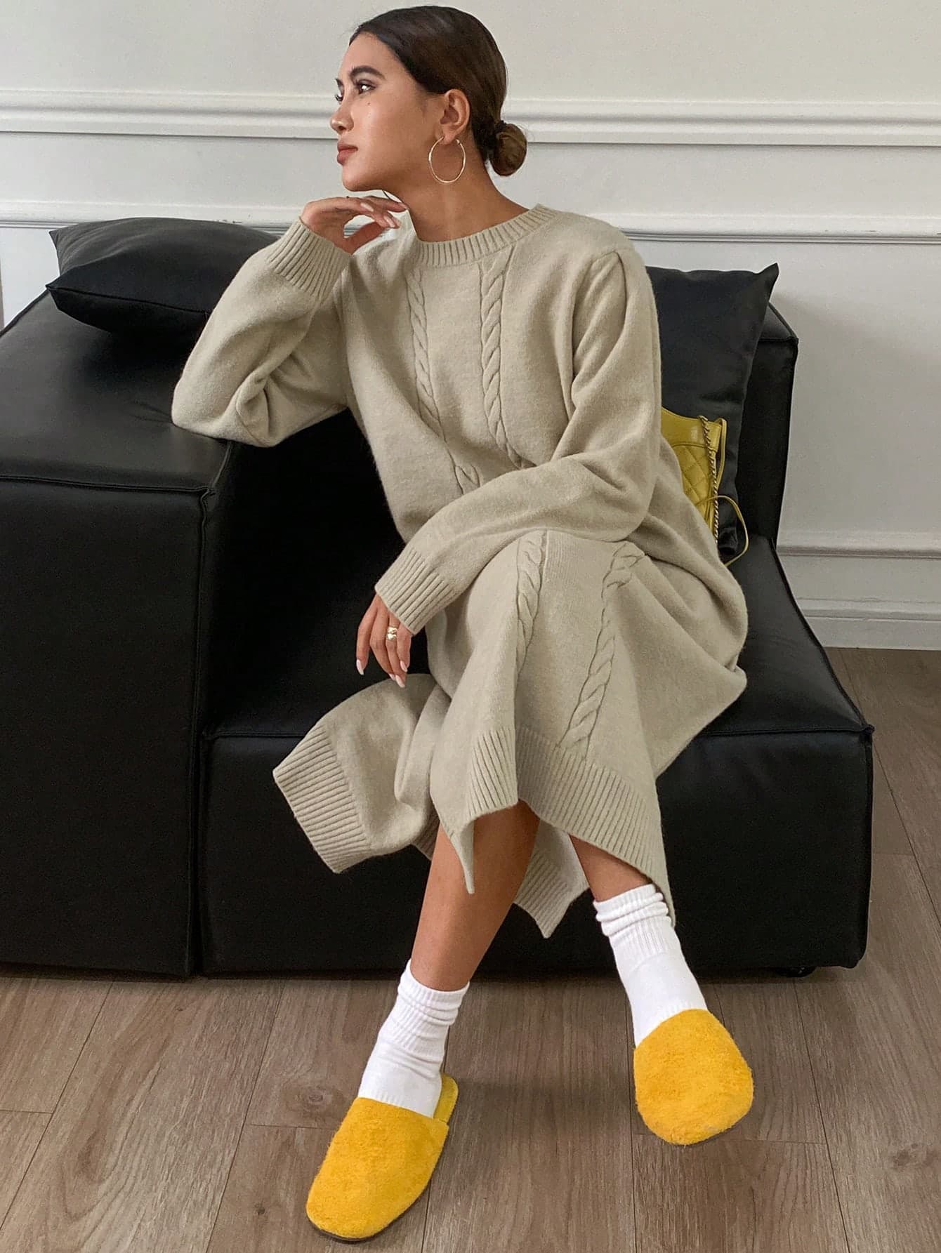 DAZY Women Oversize Solid Color Round Neck Twist Knit Long Sleeve Sweater Dress, Autumn/Winter,Fall Women Clothes