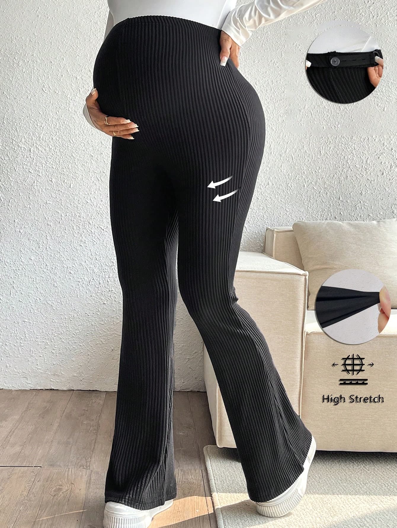 SHEIN Maternity Solid Color Ribbed Skinny Flare Leg Casual Pants Fall