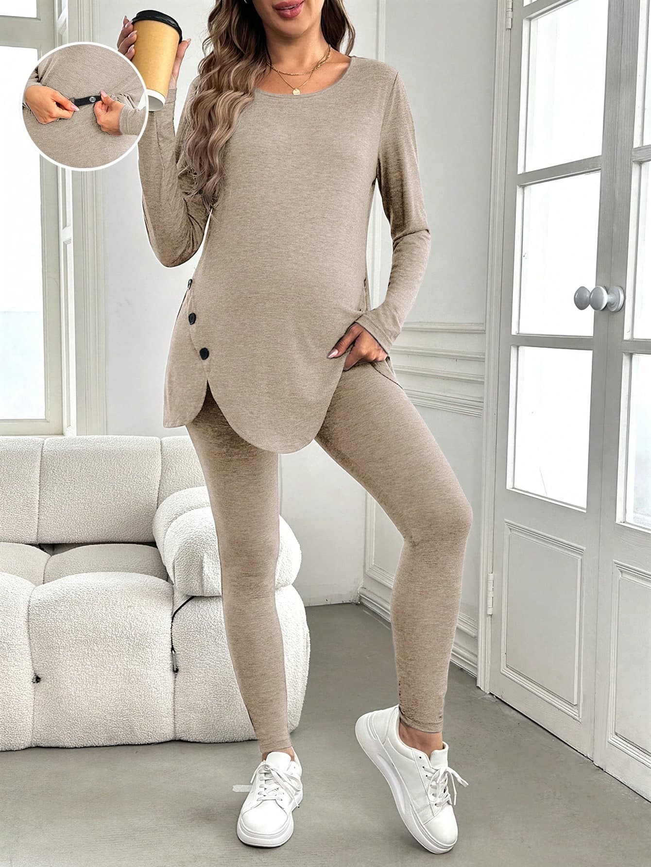 SHEIN Maternity Button Decor Curved Hem Long Sleeve Top And Leggings 2Pcs Outfit Set, Outfit Set, Autumn World Cup Fall
