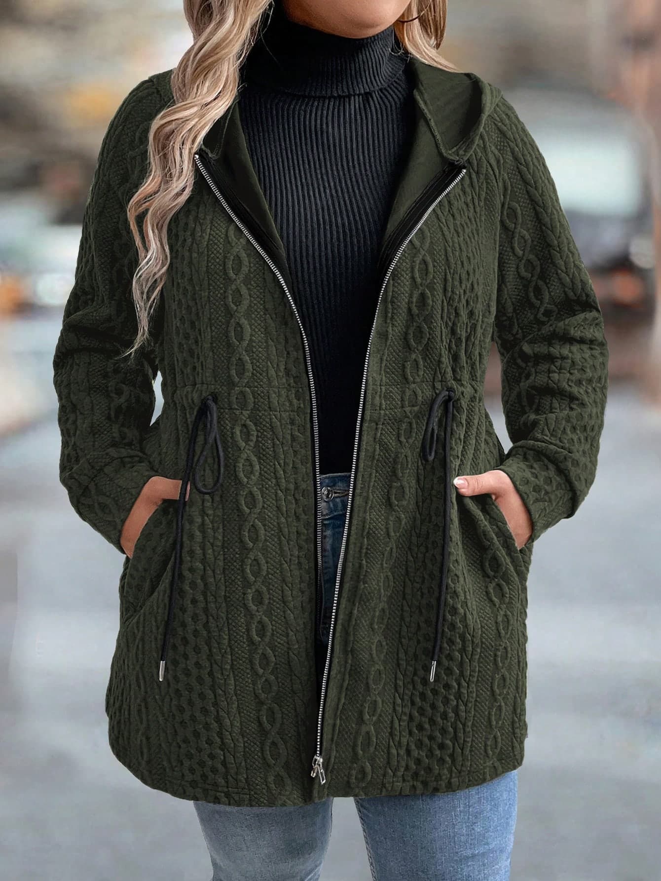 SHEIN LUNE Plus Size Women Casual Solid Color Drawstring Waist Zipper Front Hooded Coat, Autumn Fall Winter Cloth For Women