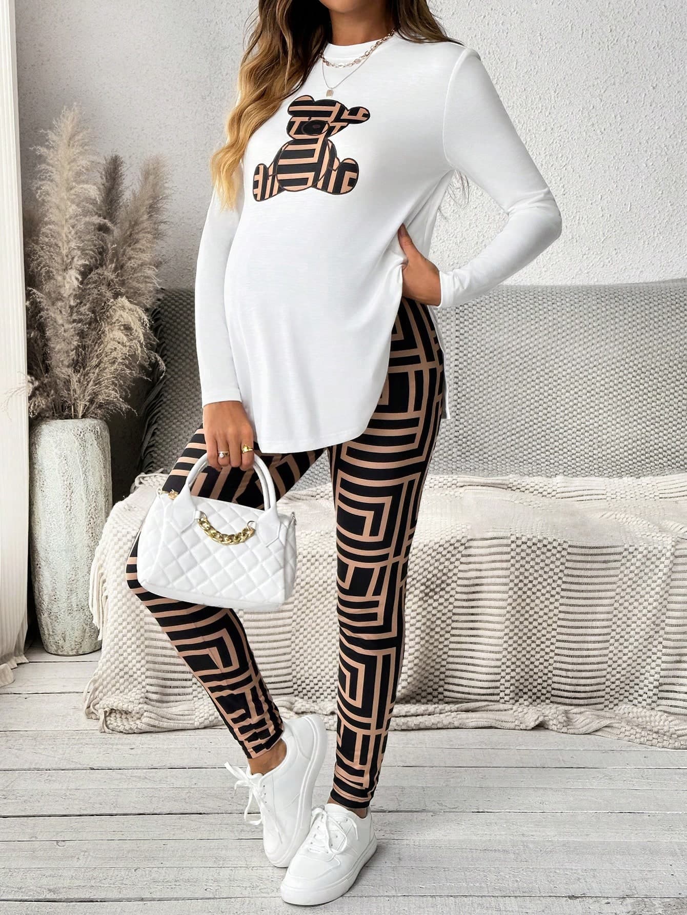 SHEIN Maternity Women Casual 2pcs Women's Casual Bear Print Side Slit Long Sleeve Top & Geometric Print Leggings Set Fall Sets, Fall Women Clothes World Cup