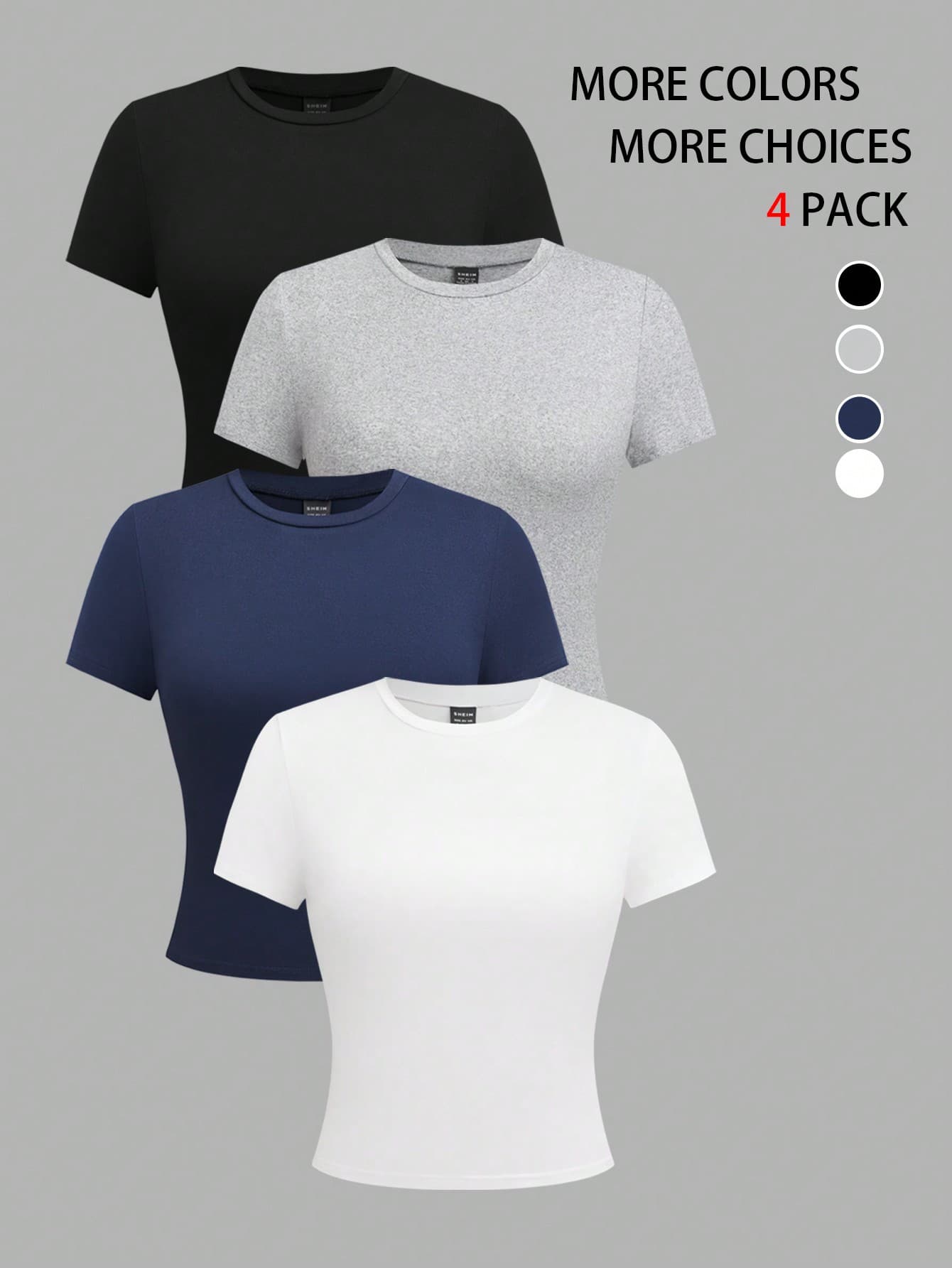 Qadelle 4pcs Women Solid Color Short Crew Neck Short Sleeve Fitted Undershirt Set