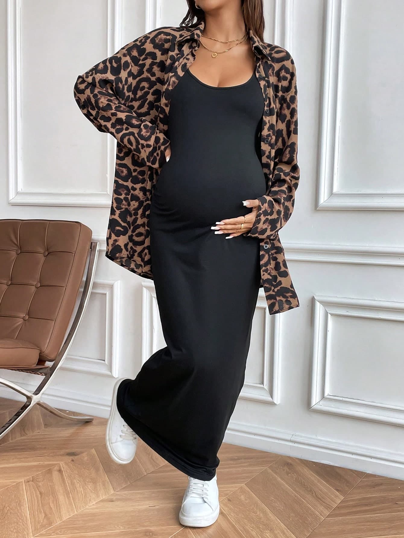 SHEIN 2pcs Maternity Leopard Print Drop Shoulder Long Sleeve Shirt & Sleeveless Dress Set, Casual Style, Autumn World Cup
