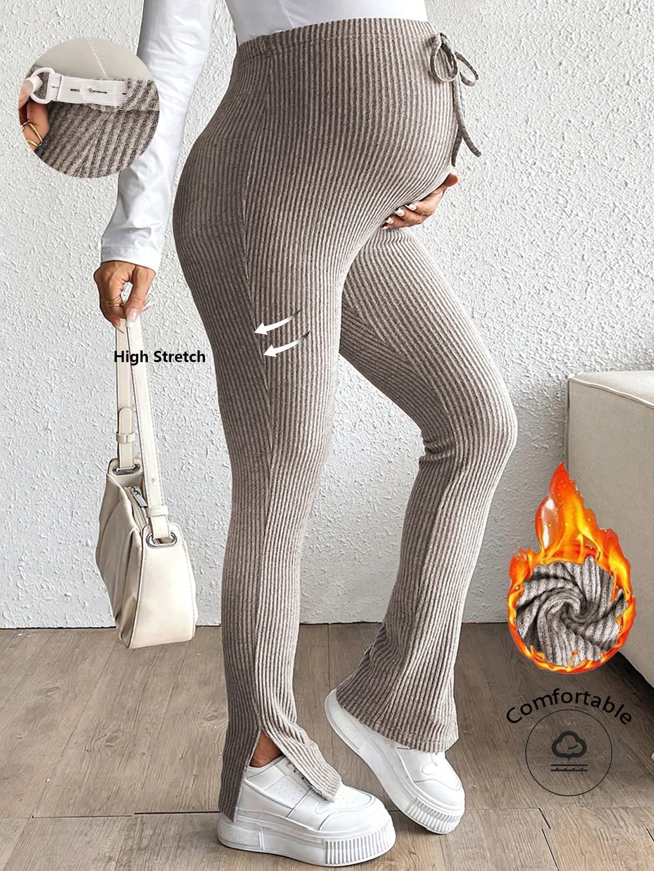 SHEIN Maternity Adjustable Waist Ribbed Skinny Slit Leggings