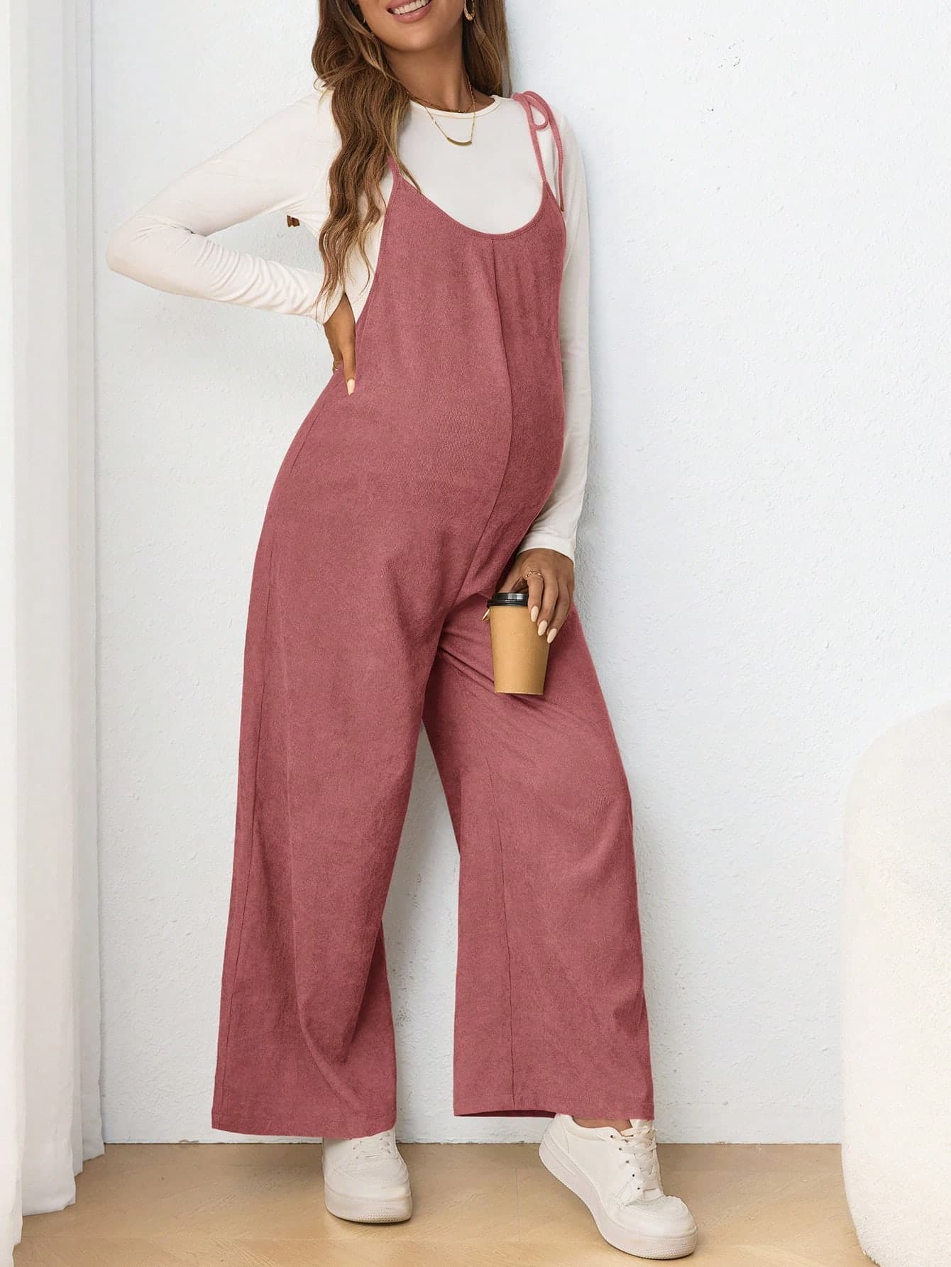 SHEIN Maternity Casual Sling Bowknot Jumpsuit, Form Fitting Pregnancy Clothing Fall