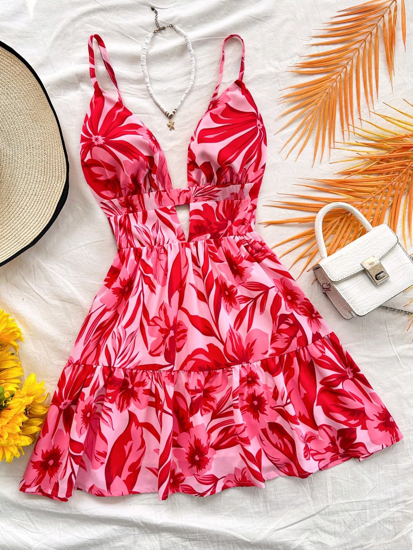 Soleia WYWH Women's Vacation Dress, Rose Red Bow Front Ruffle Trim Sleeveless Sundress,Summer Dresses For Women