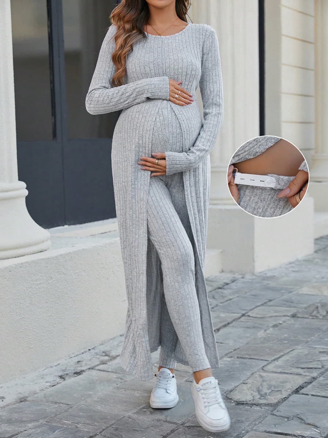 SHEIN 2pcs/Set Maternity Ribbed Fabric High Slit Long Top And Long Pants Set Fall
