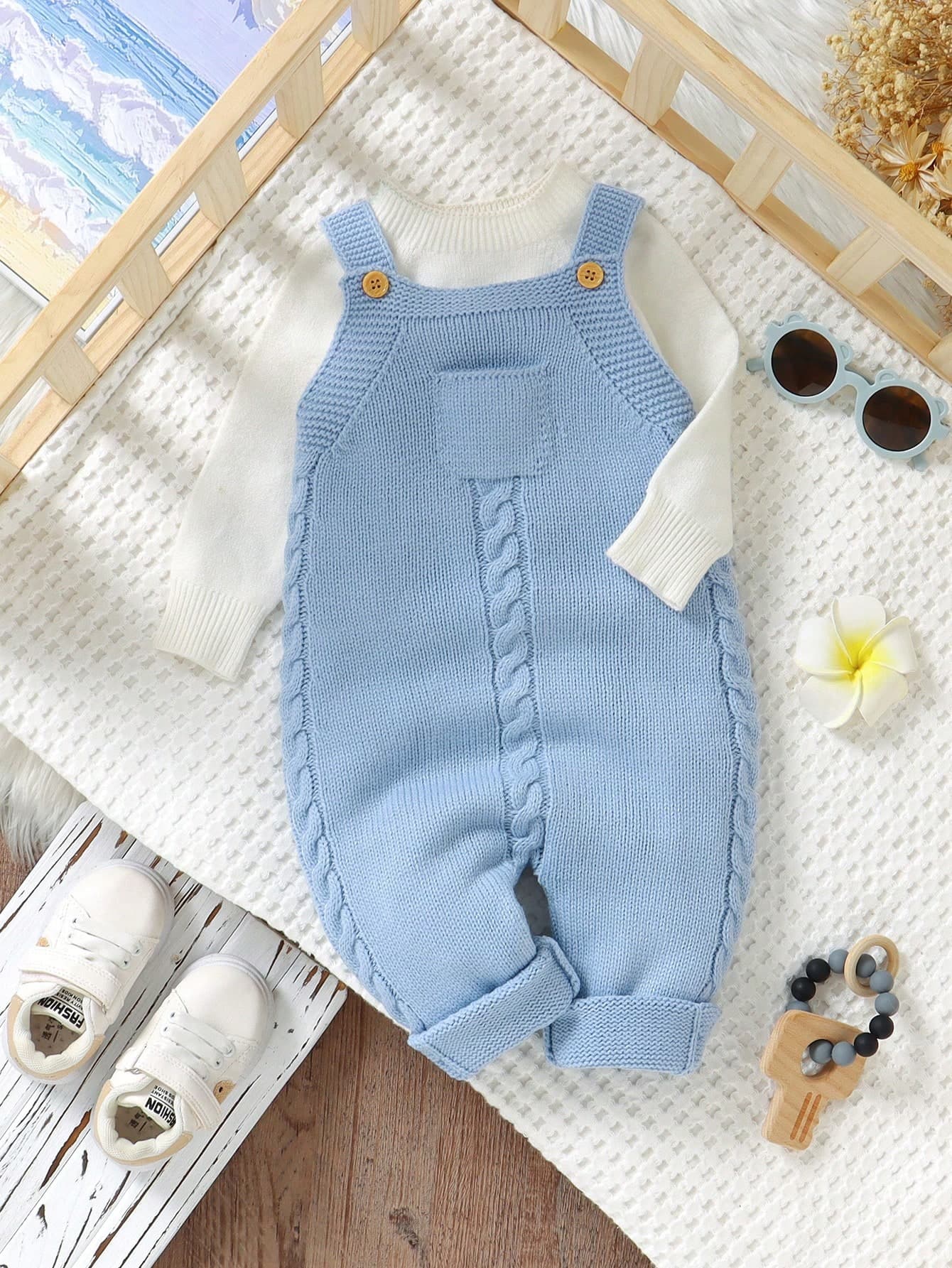 SHEIN Baby Boy Casual Solid Light Green Knitted Jumpsuit Romper With Suspenders