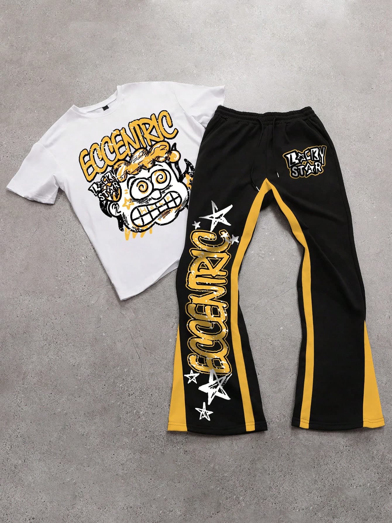 Manfinity EMRG Men's Letter & Cartoon Print Short Sleeve T-Shirt And Drawstring Color Block Pants Casual Suit