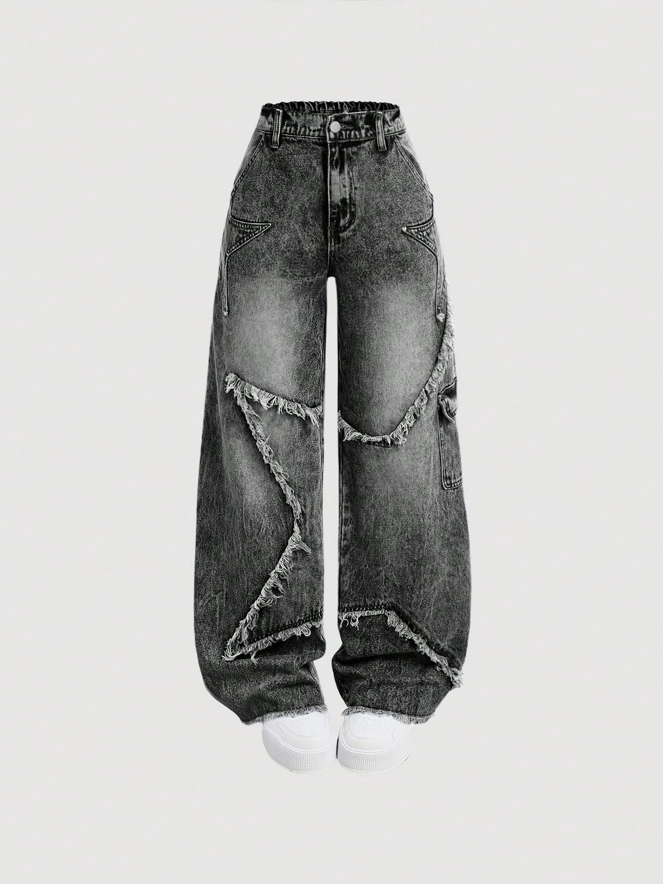 SHEIN Girlism Teen Girl Y2K Frayed Star Embellished Loose Blue Denim Jeans, Fall Back To School
